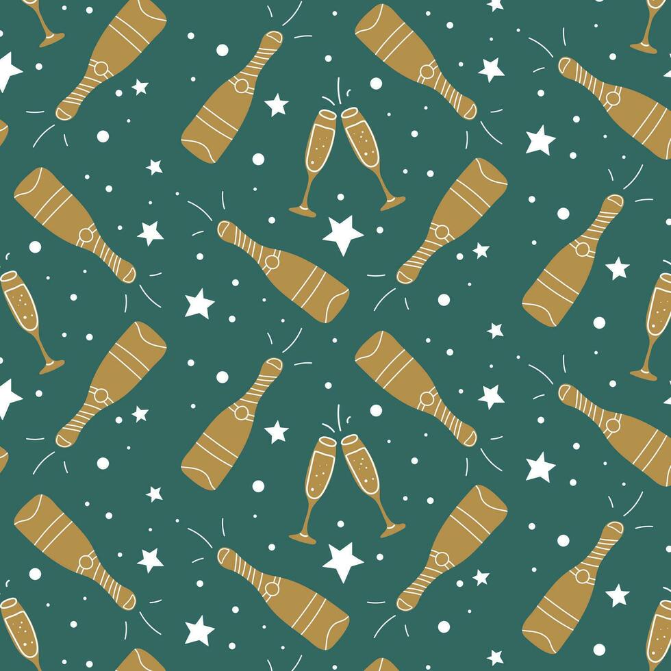 Seamless New Year's pattern with glasses and a bottle of champagne, confetti pattern. Party, New Year celebration - vector illustration.