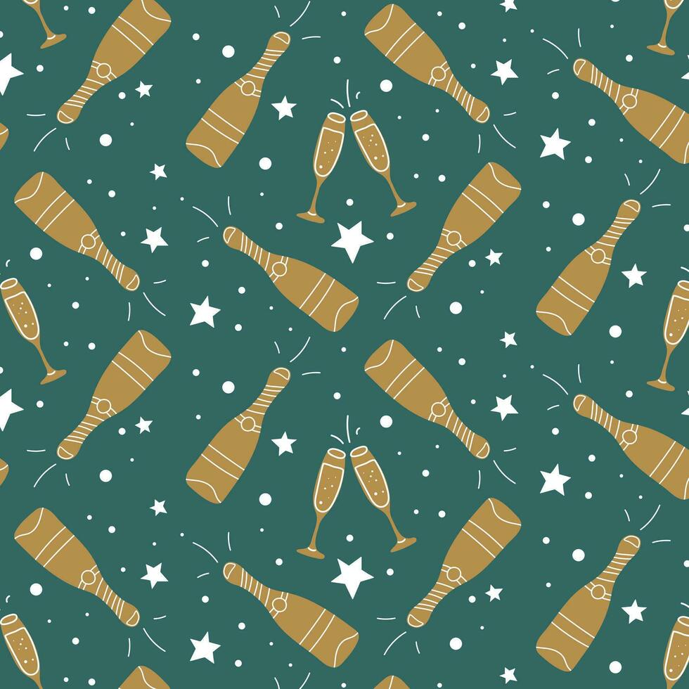 Seamless New Year's pattern with glasses and a bottle of champagne, confetti pattern. Party, New Year celebration - vector illustration.