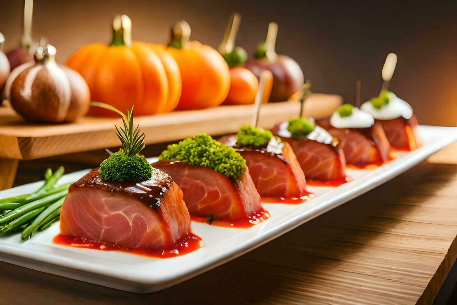 a platter of meat and vegetables with toothpicks. AI-Generated photo