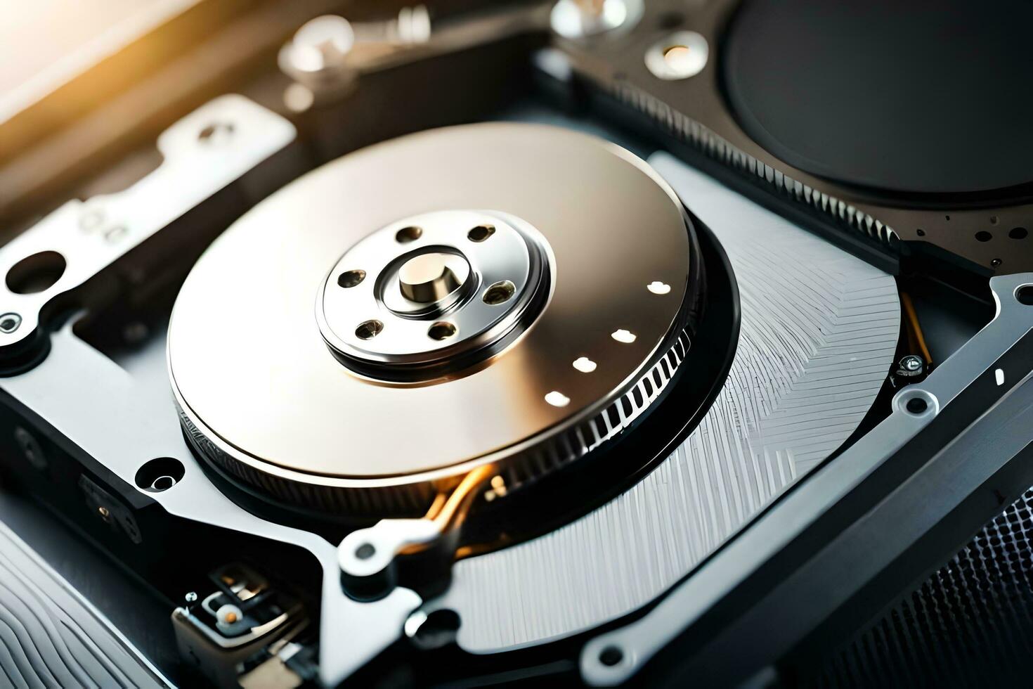 a close up of a hard drive with a disk. AI-Generated photo