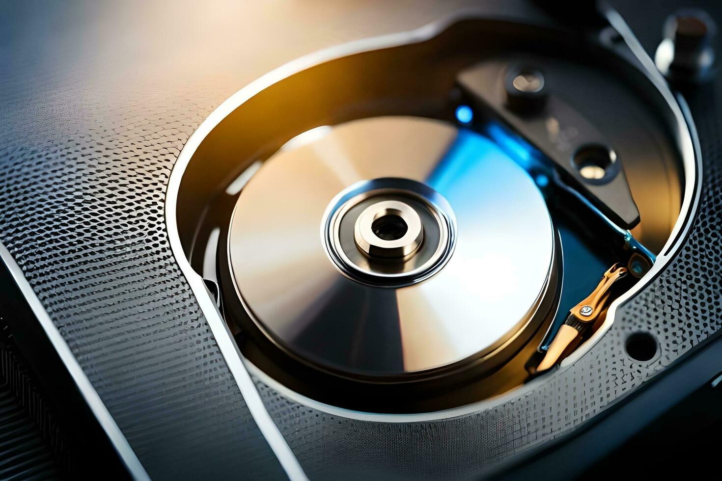 a disk drive with a metal case and a disk inside. AI-Generated photo
