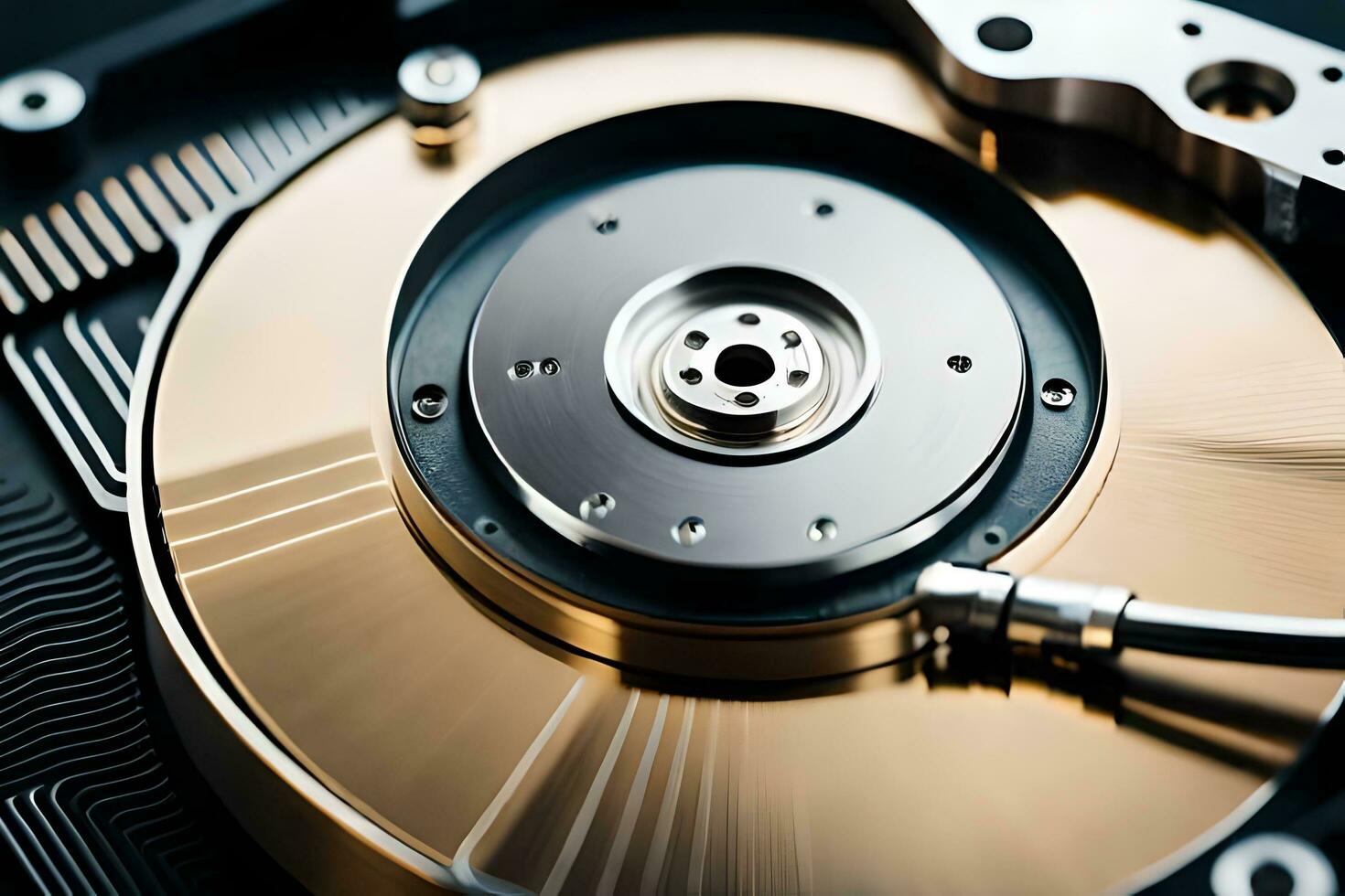 a close up of a hard drive with a metal disk. AI-Generated photo