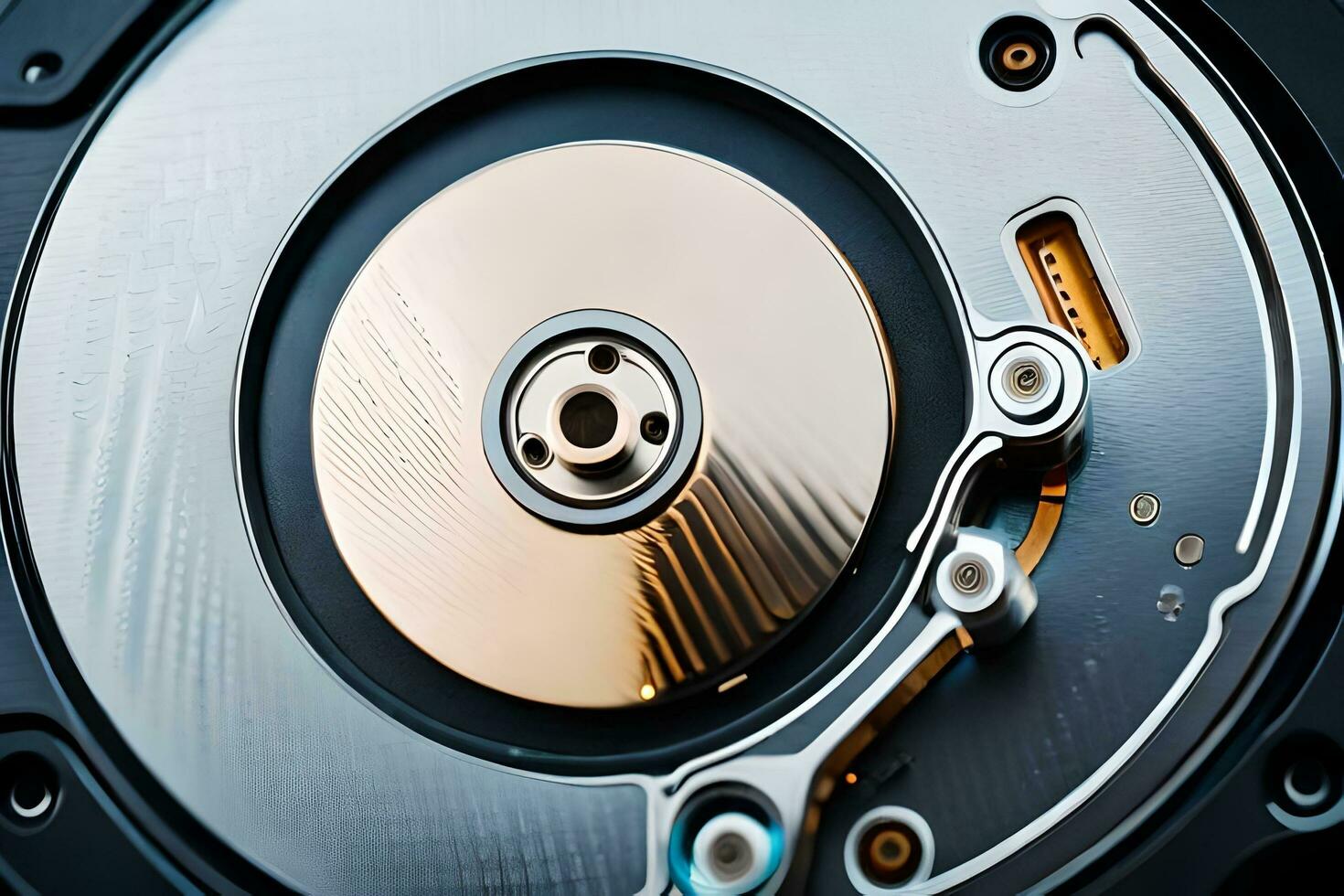 a close up of a disk drive with a metal cover. AI-Generated photo