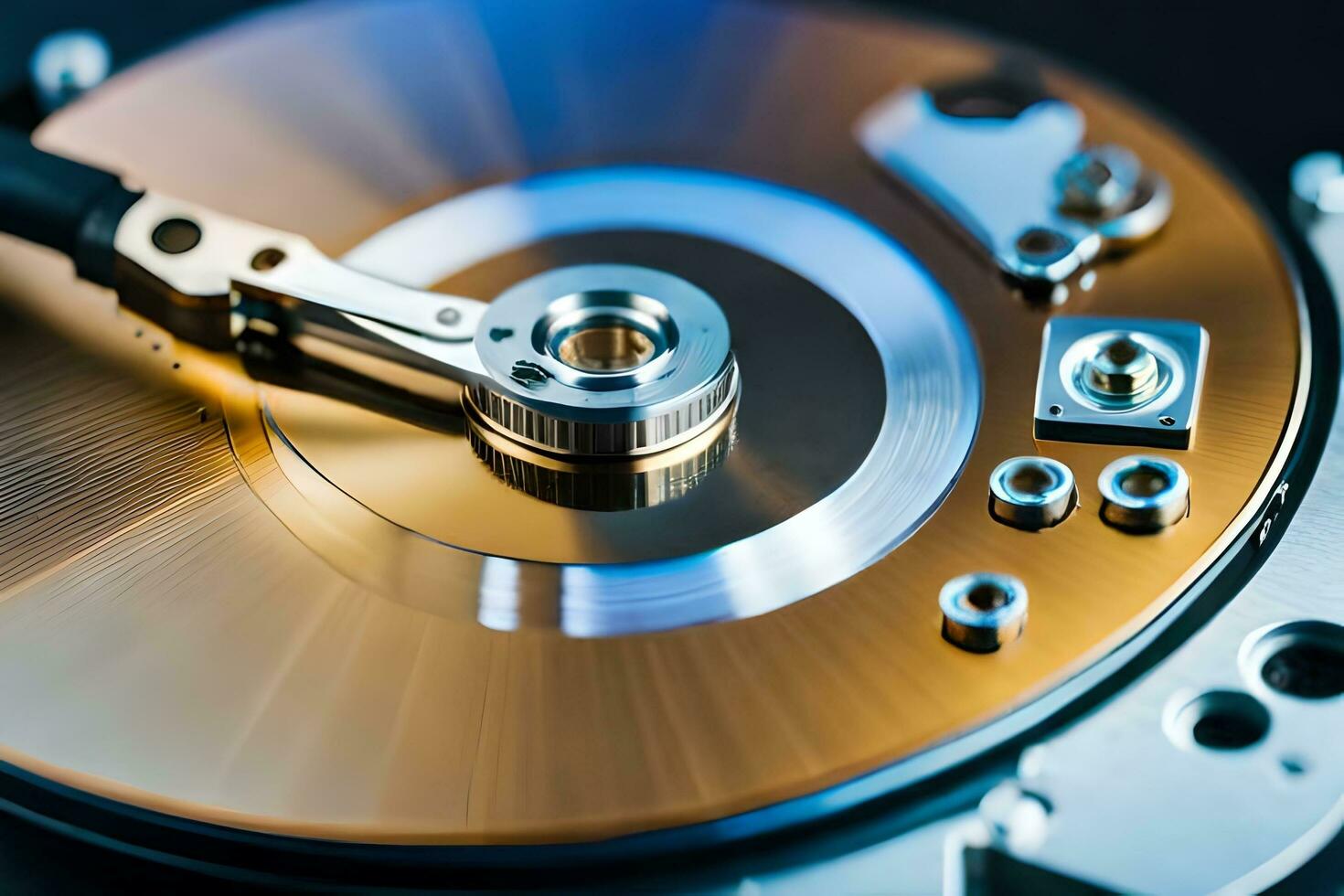 a close up of a hard drive with a metal disk. AI-Generated photo