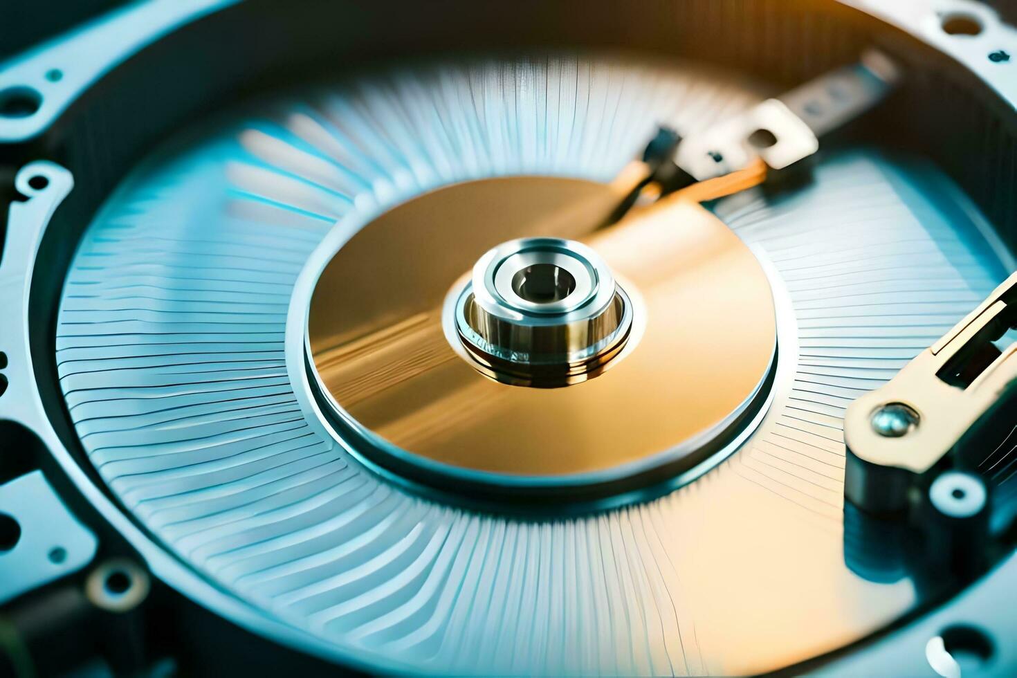 a close up of a hard drive with a metal disk. AI-Generated photo