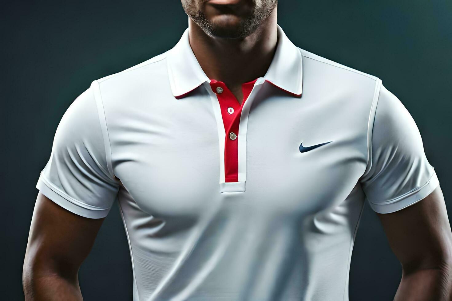 a man in a white polo shirt with red trim. AI-Generated photo