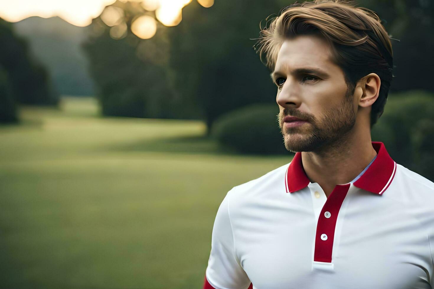 a man in a red and white polo shirt. AI-Generated photo
