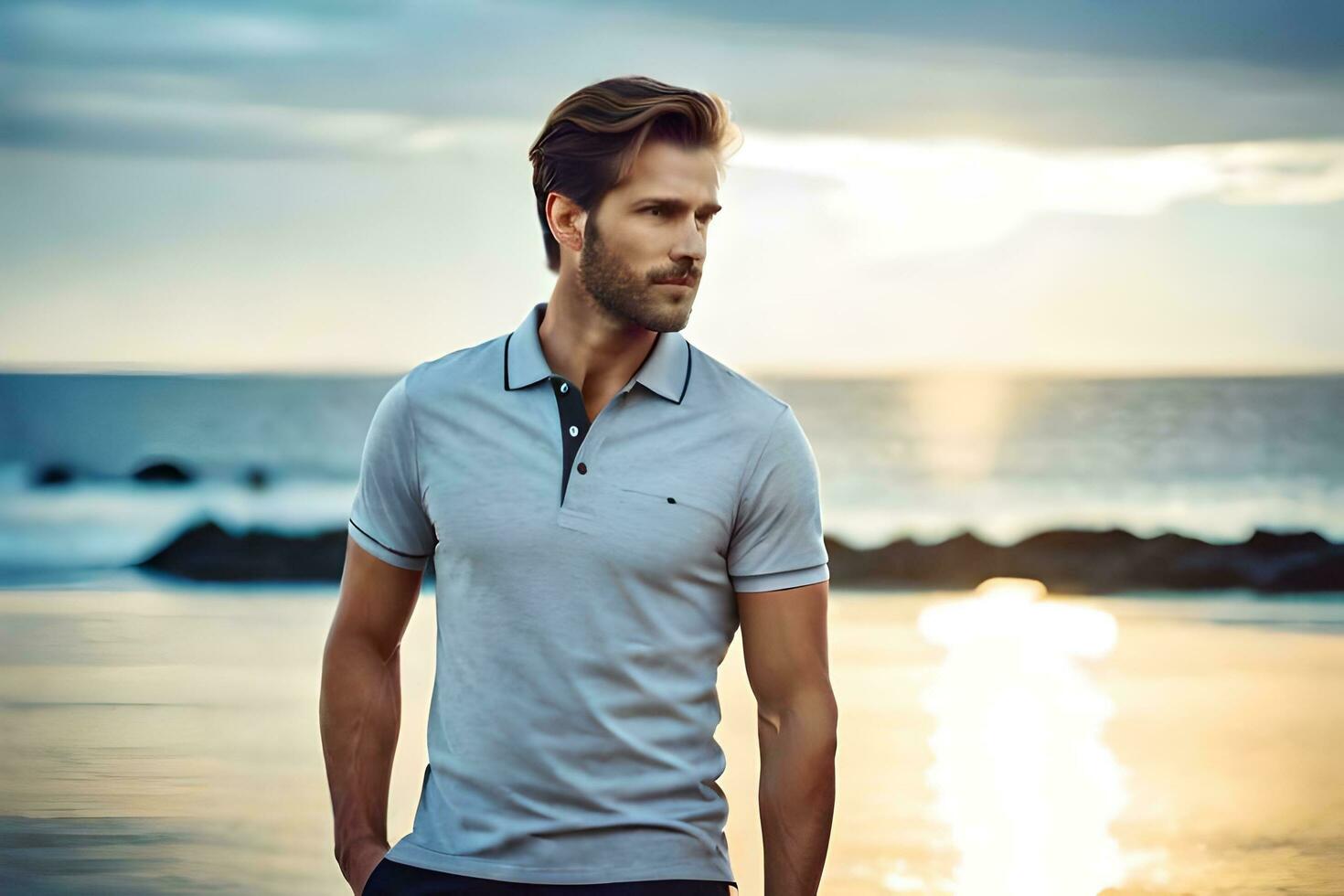 a man in a polo shirt standing on the beach. AI-Generated photo