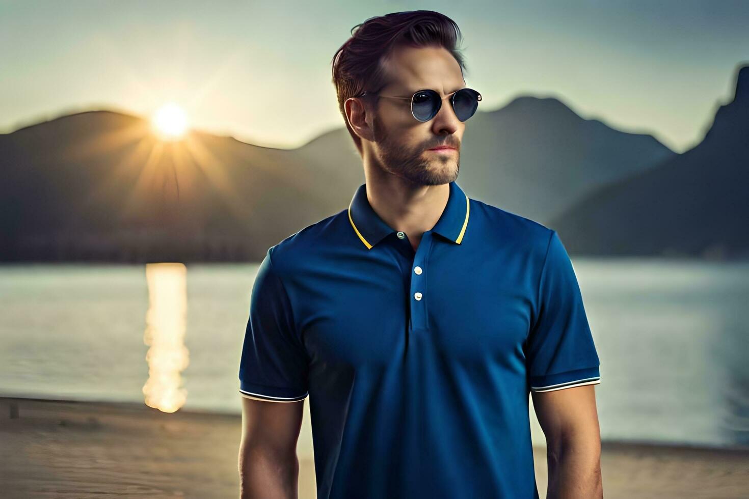 a man in a blue polo shirt standing on the beach. AI-Generated photo