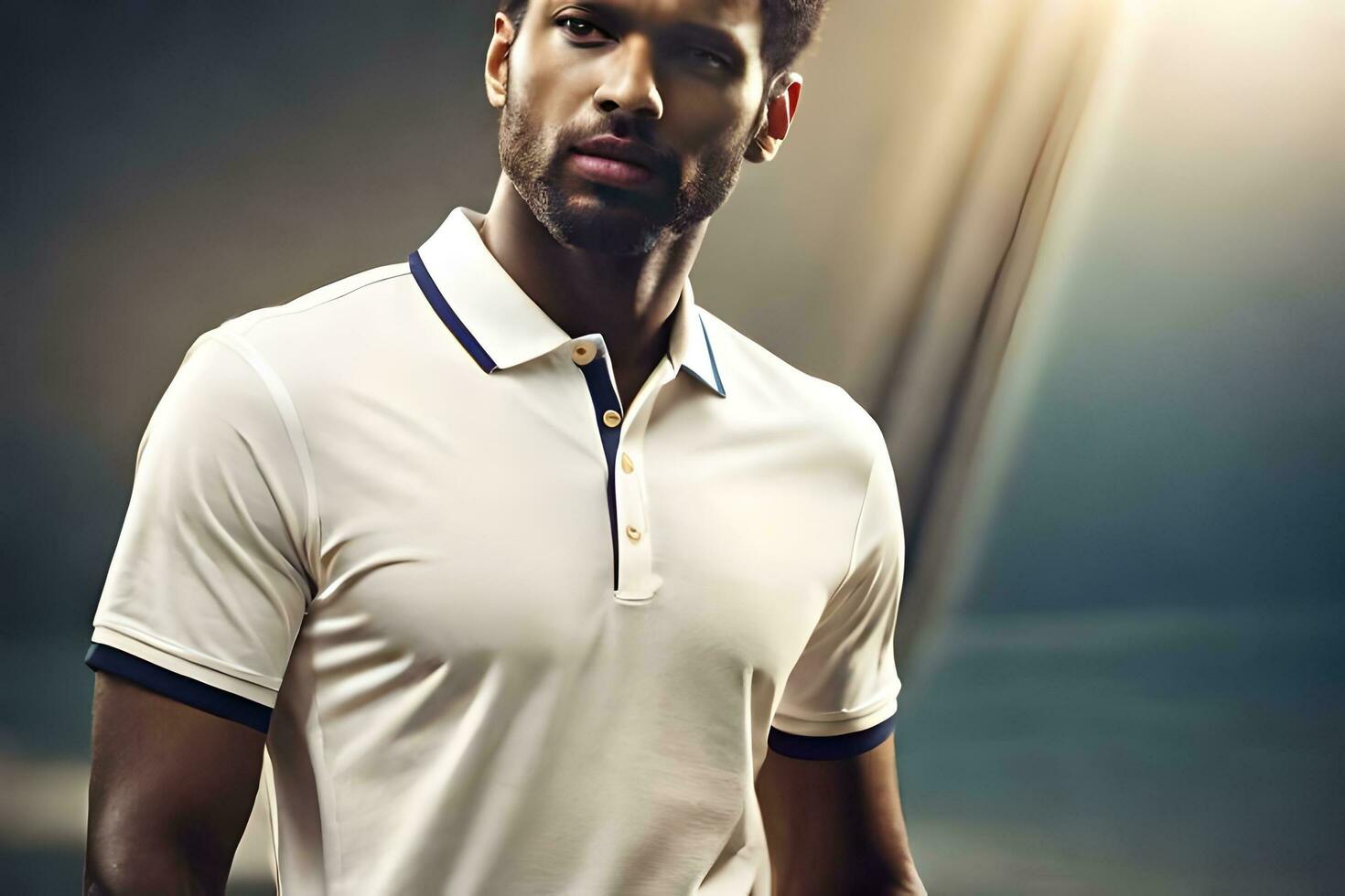 a man in a white polo shirt and blue collar. AI-Generated photo