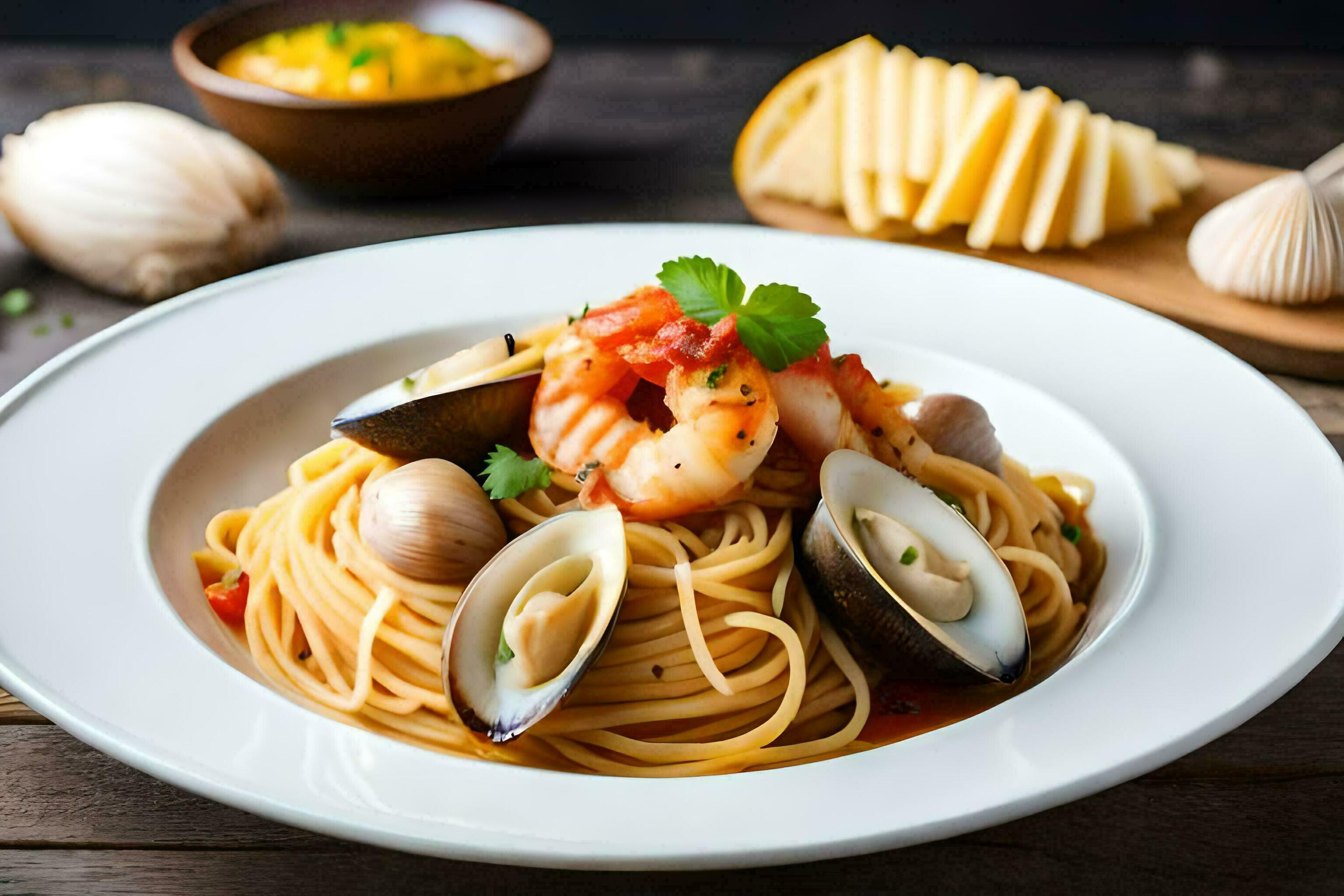 spaghetti with seafood and clams in tomato sauce on a wooden table. AI