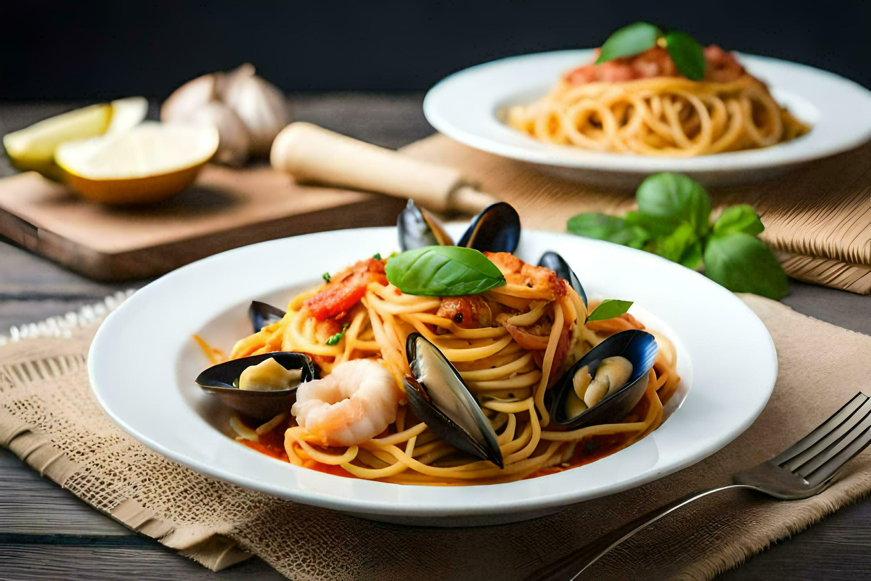 spaghetti with mussels and clams. AIGenerated 32955004 Stock Photo at