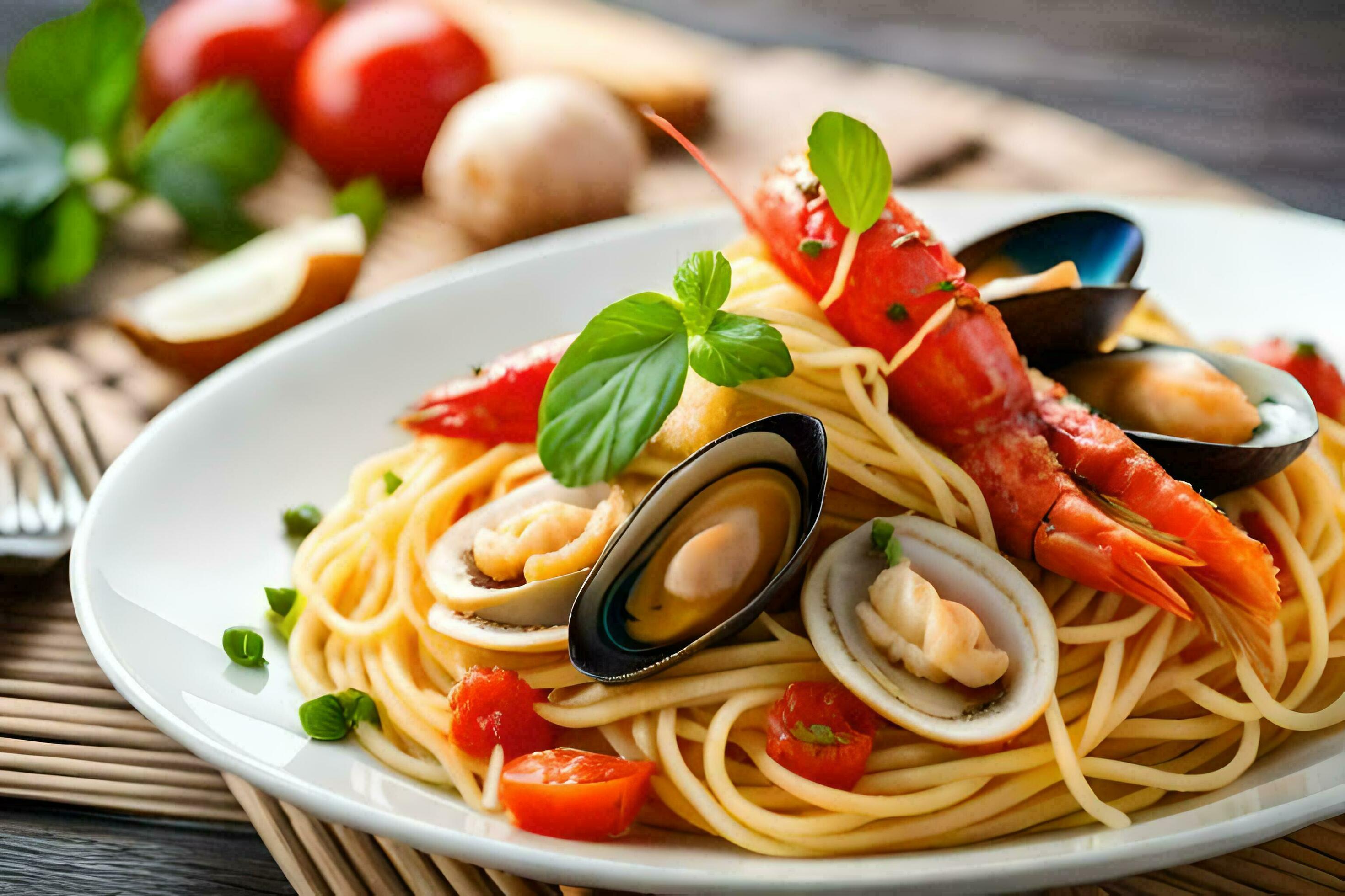 spaghetti with mussels and clams on a white plate. AIGenerated
