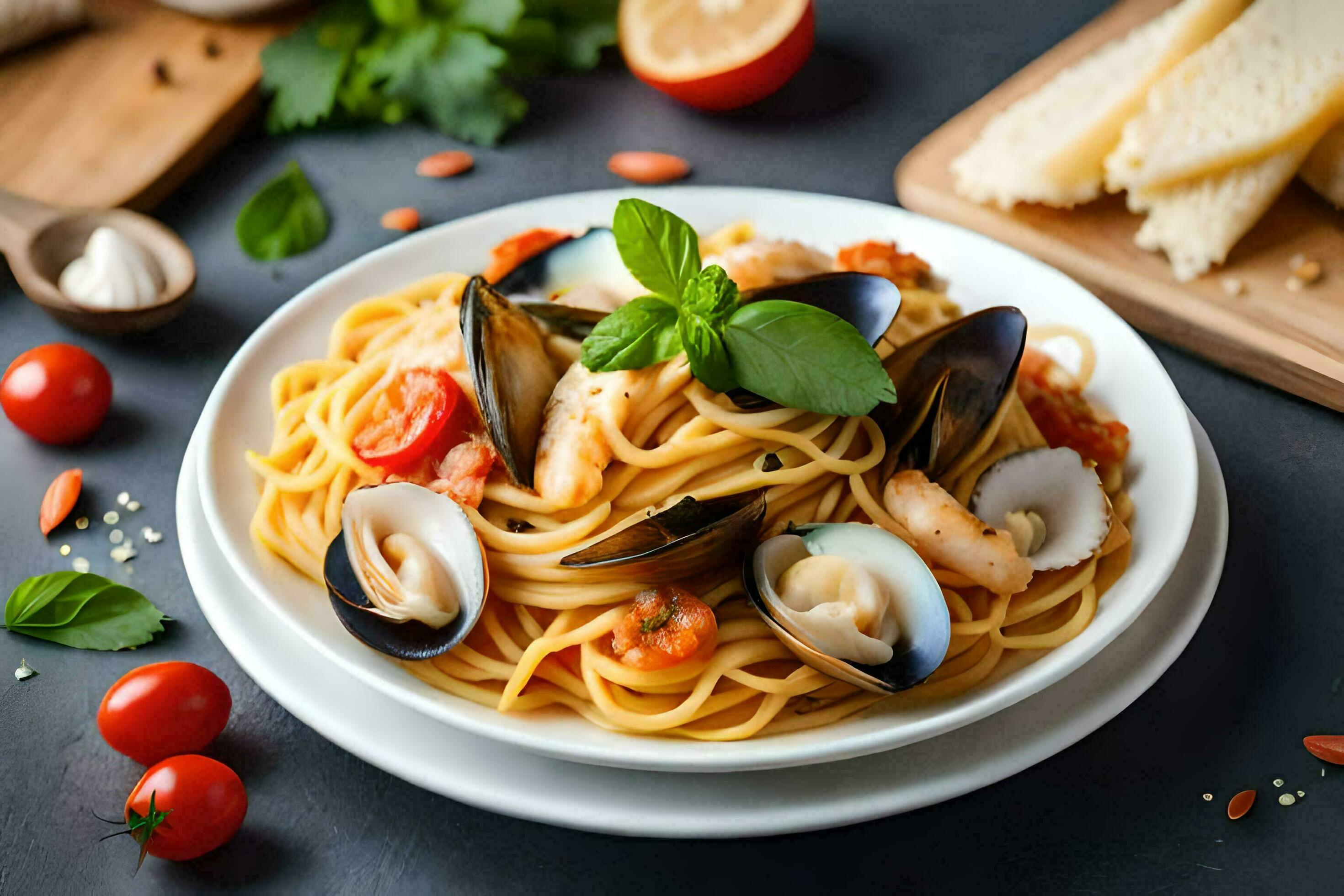 spaghetti with mussels and clams. AIGenerated 32955055 Stock Photo at