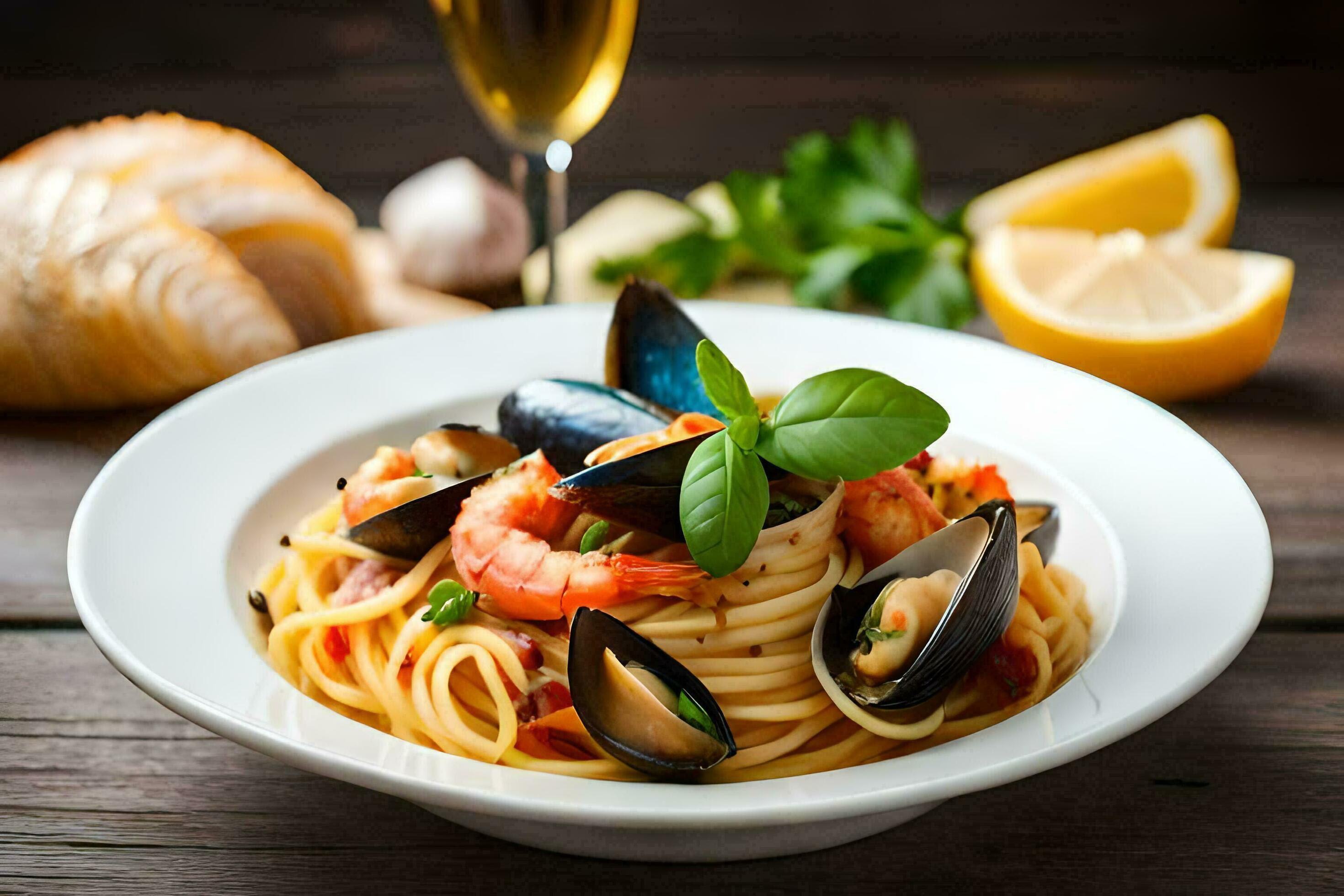 spaghetti with mussels and clams. AIGenerated 32955098 Stock Photo at