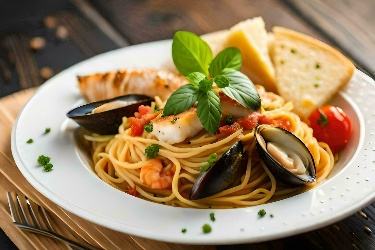 spaghetti with seafood and bread on a wooden table. AI-Generated photo