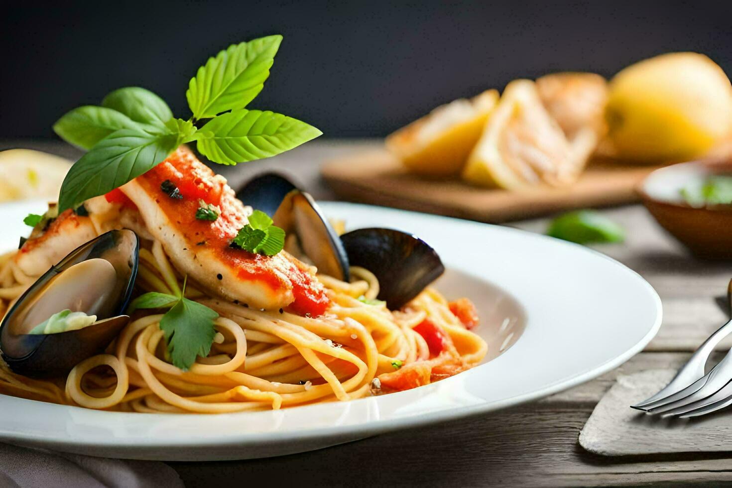 spaghetti with mussels and clams in tomato sauce. AIGenerated 32955118