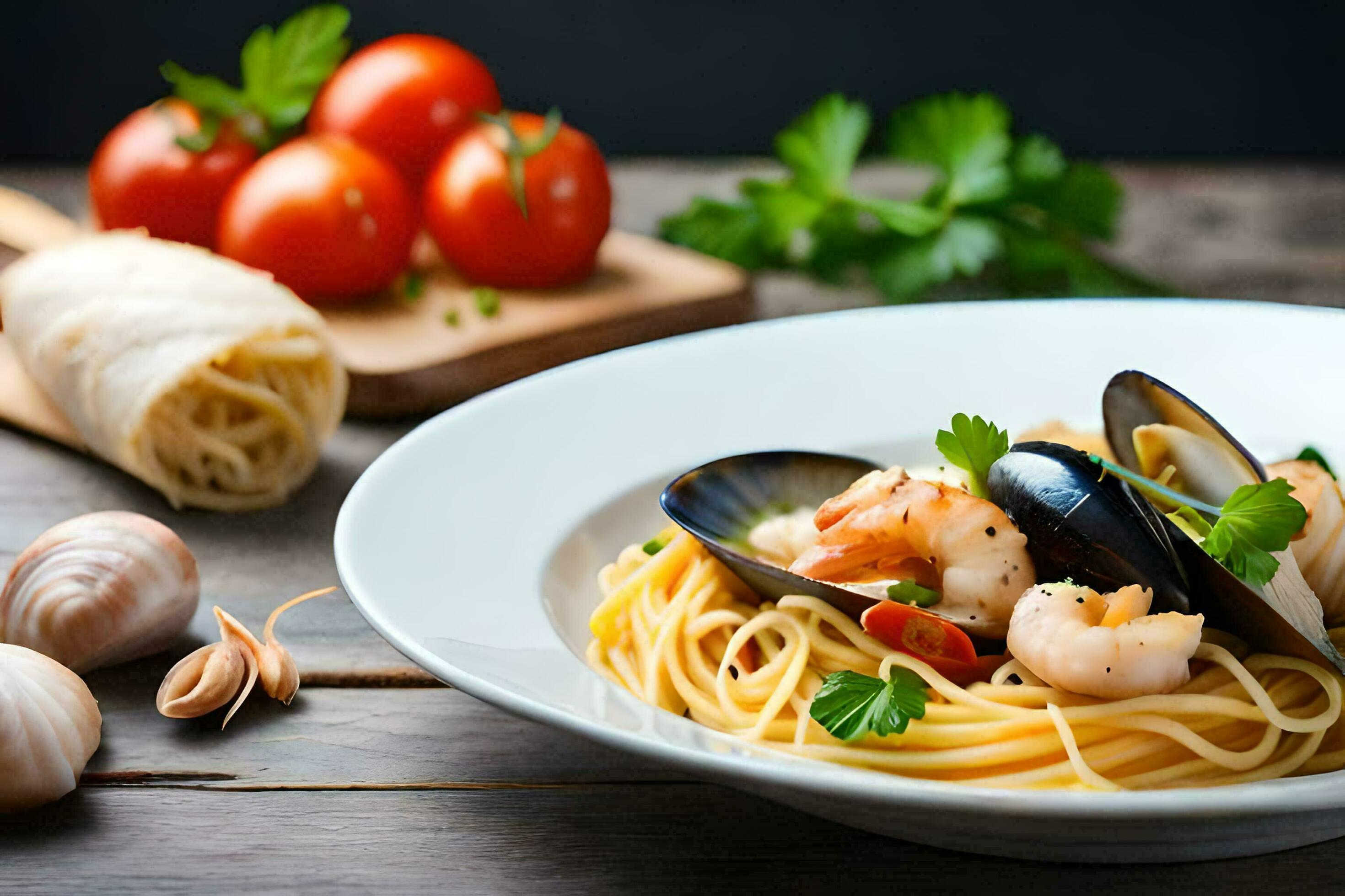 spaghetti with mussels and clams. AIGenerated 32955141 Stock Photo at