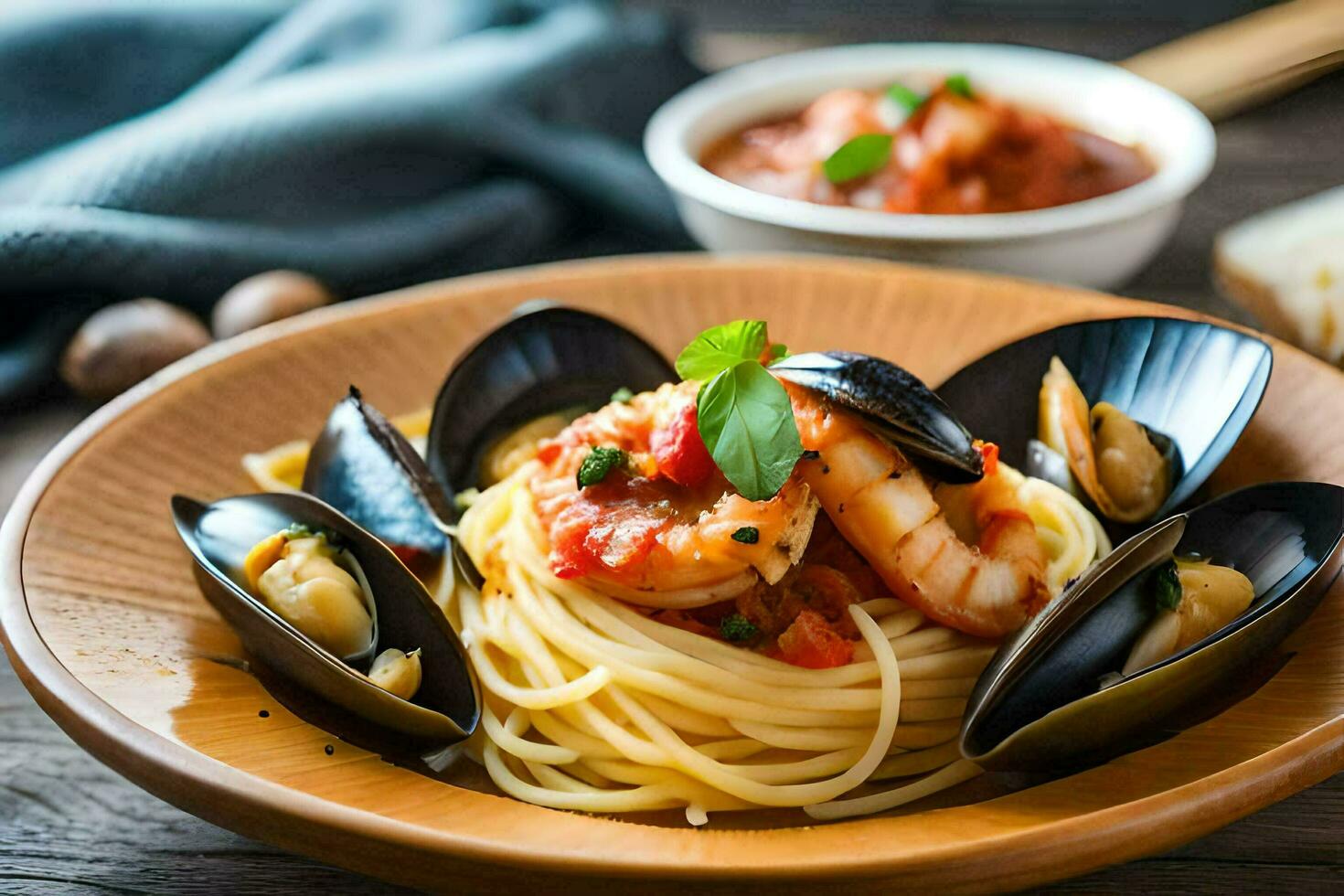 spaghetti with mussels and shrimp in tomato sauce. AIGenerated