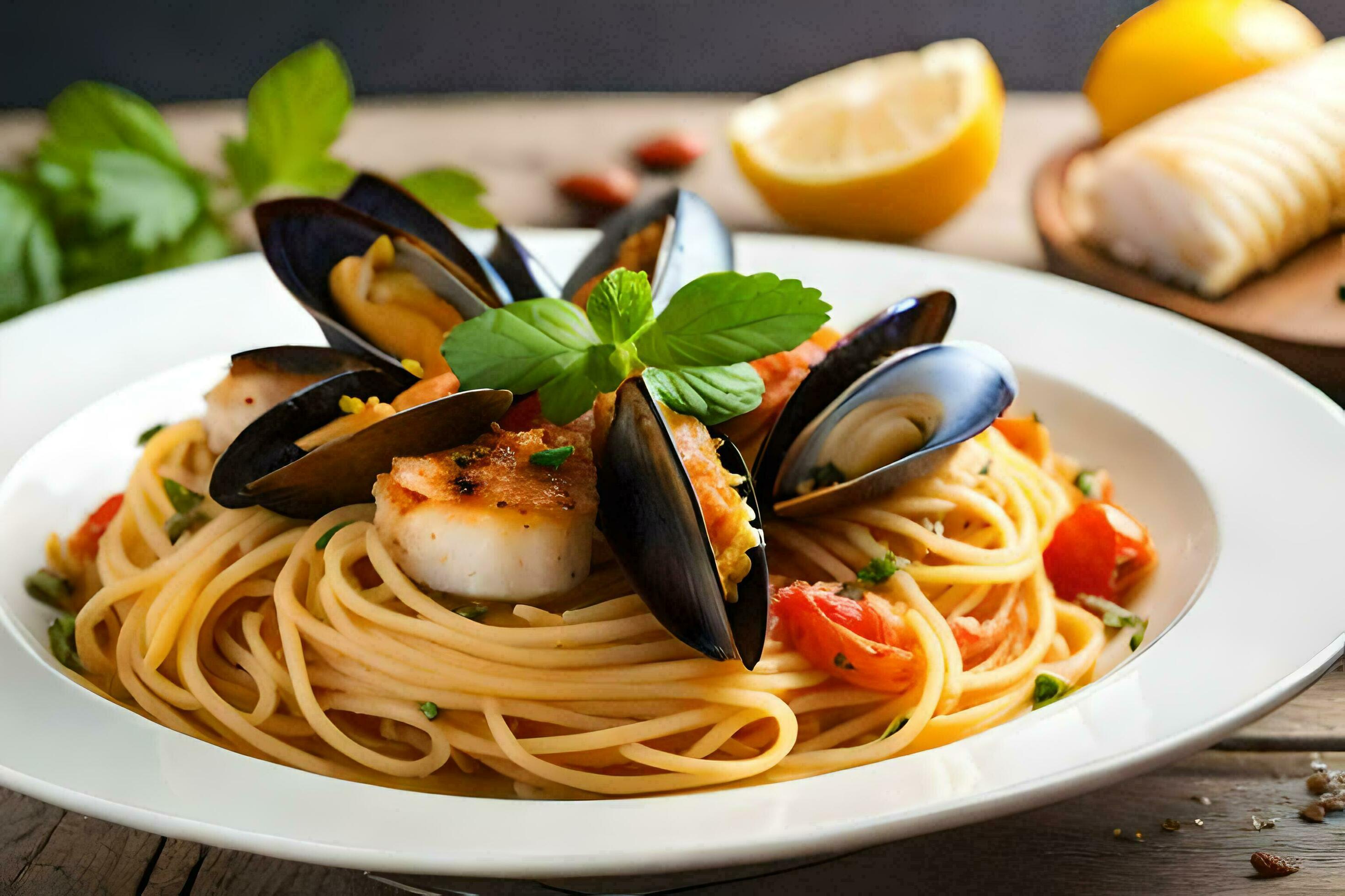a plate of spaghetti with mussels and clams. AIGenerated 32955192