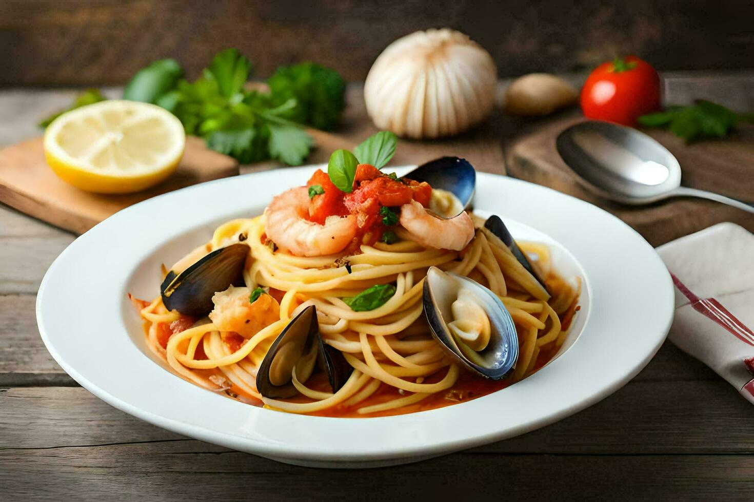 spaghetti with mussels and shrimp in tomato sauce. AIGenerated