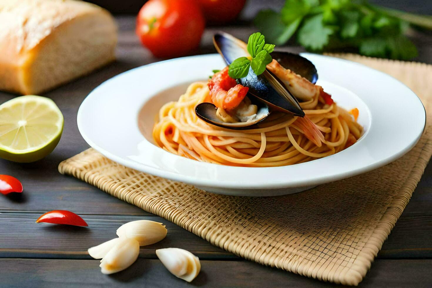 spaghetti with mussels and tomatoes. AI-Generated photo