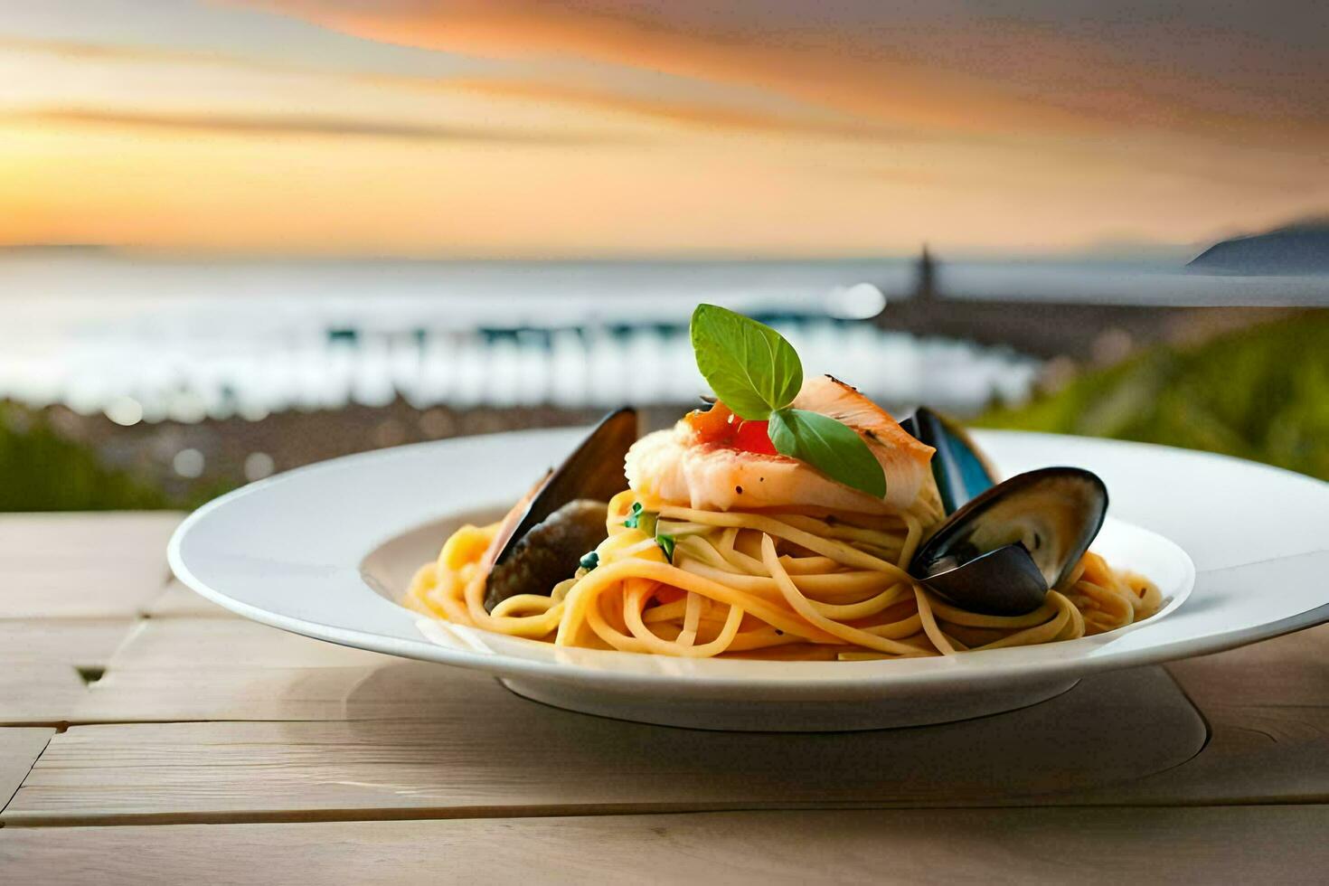 spaghetti with mussels and shrimp on a plate. AI-Generated photo