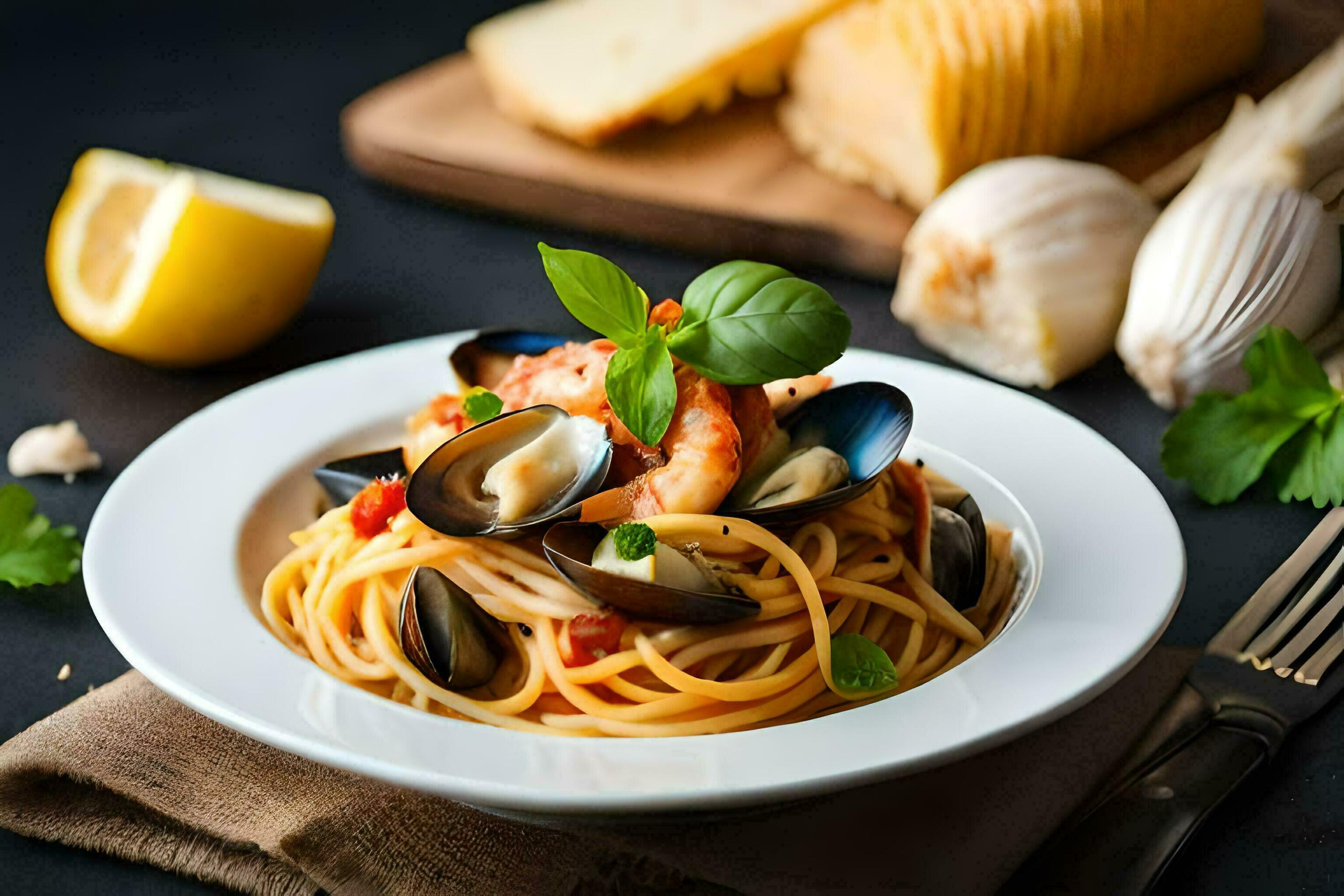 spaghetti with mussels and clams in tomato sauce. AIGenerated 32955312