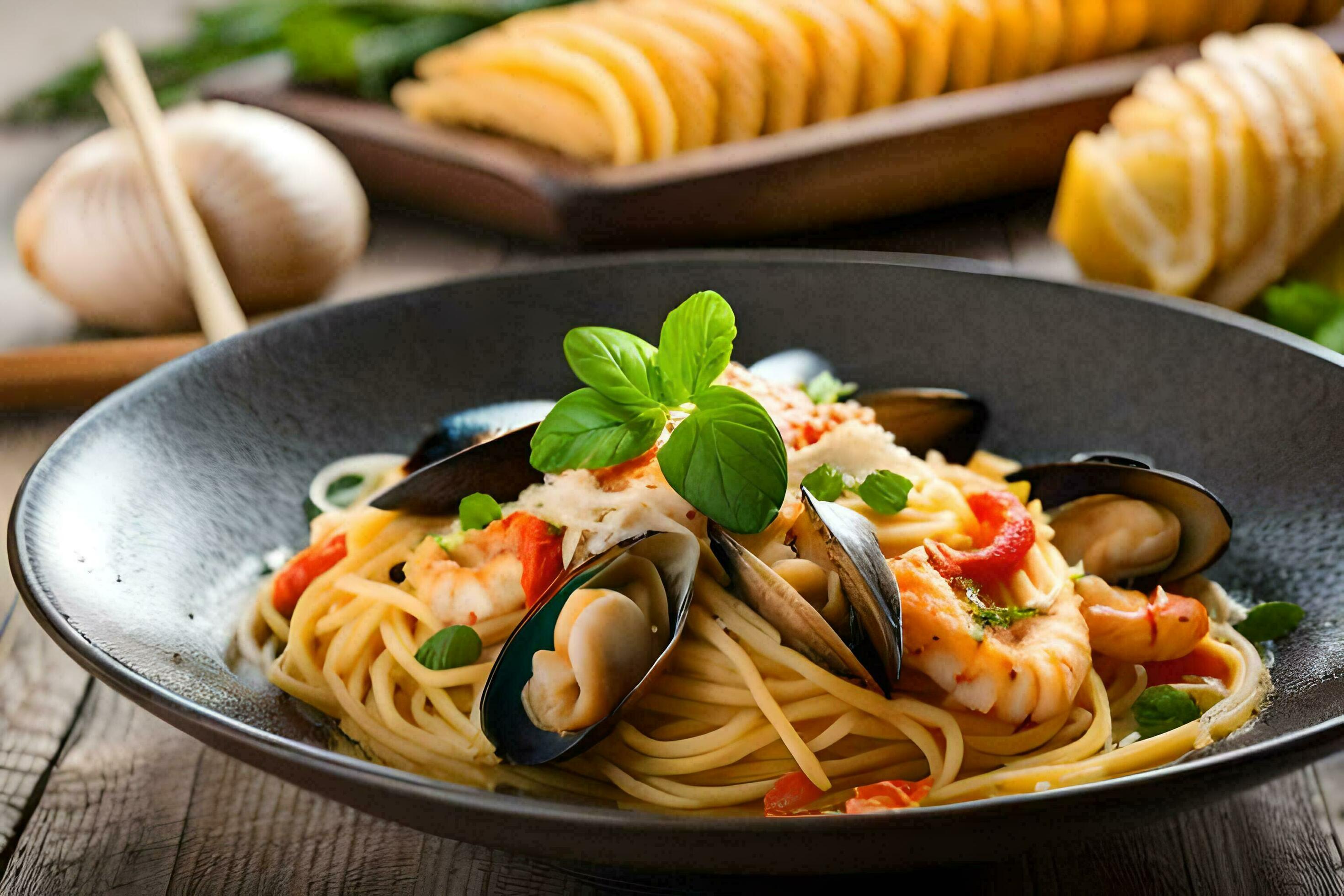 spaghetti with mussels and clams in a bowl. AIGenerated 32955360 Stock