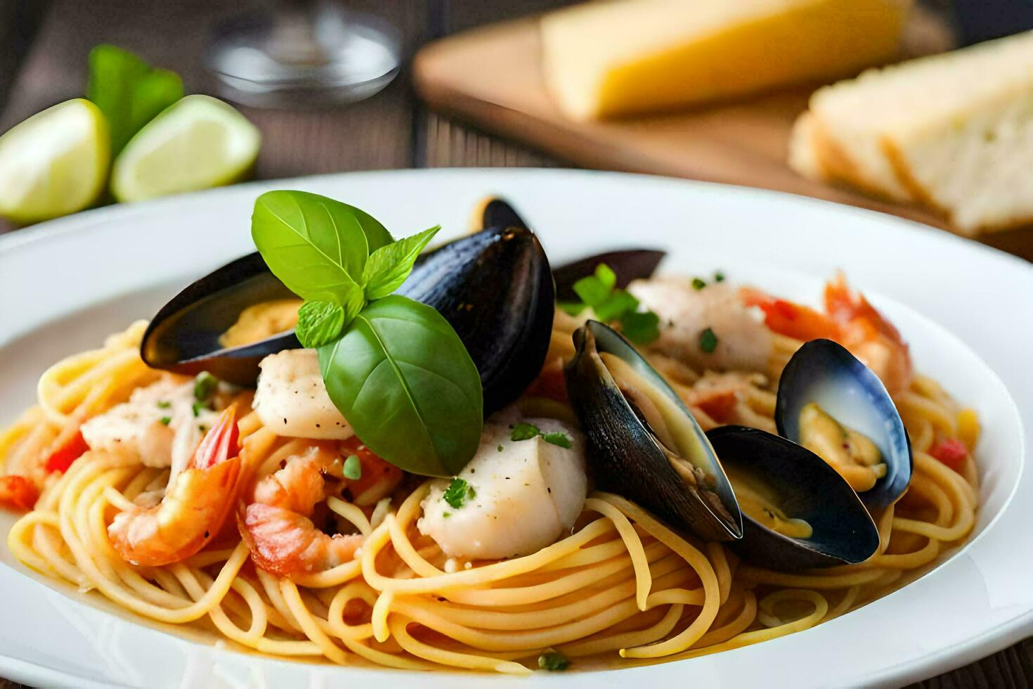 a plate of pasta with mussels, clams and shrimp. AI-Generated photo