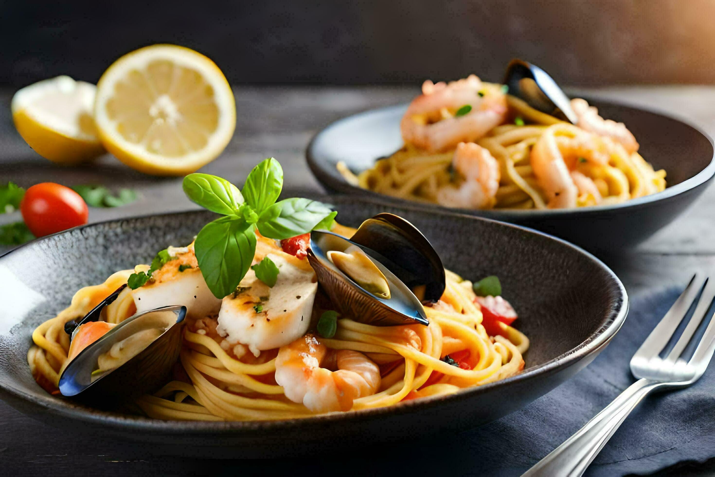 spaghetti with mussels and clams in a bowl. AIGenerated 32955428 Stock