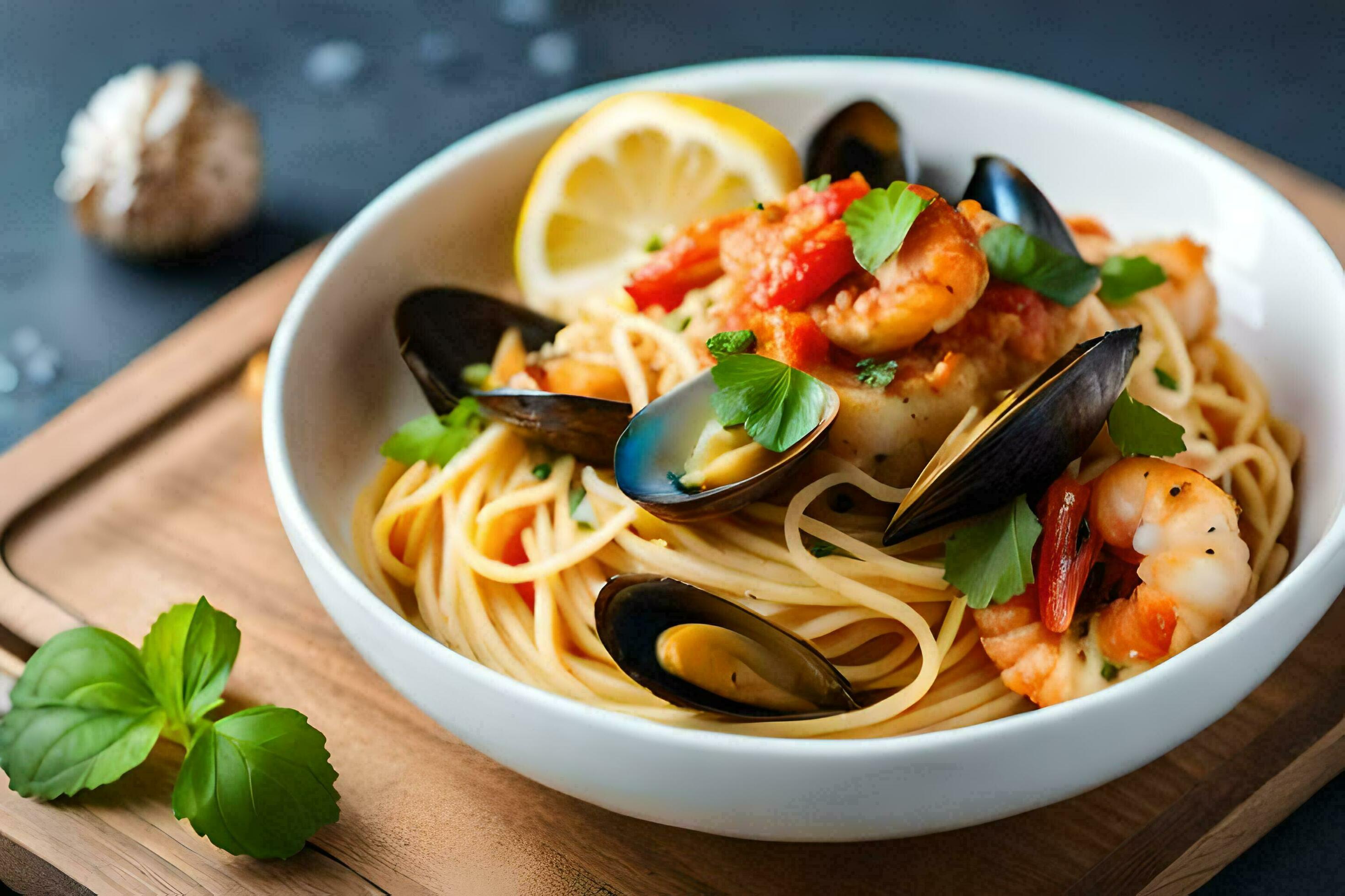 spaghetti with mussels and clams in tomato sauce. AIGenerated 32955449