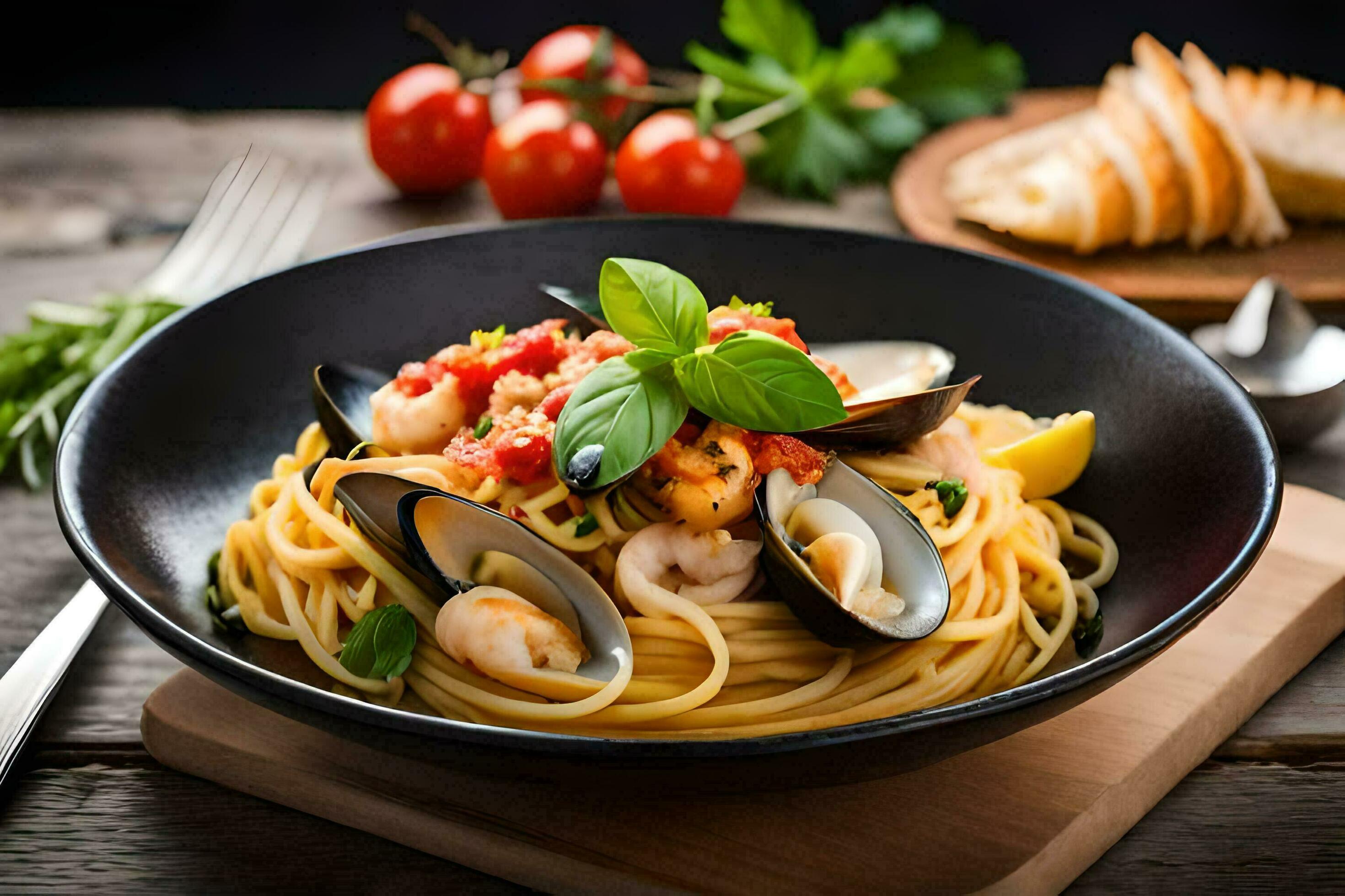 spaghetti with mussels and clams in a bowl. AIGenerated 32955455 Stock