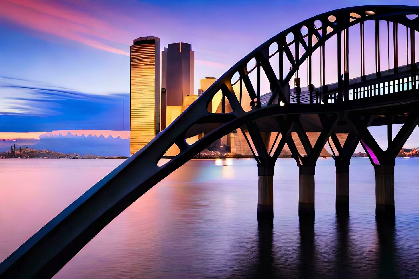 a bridge spanning over water at sunset with tall buildings in the background. AI-Generated photo