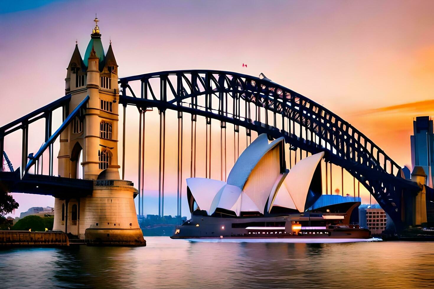 el Sydney ópera casa y puente a puesta de sol. generado por ai foto