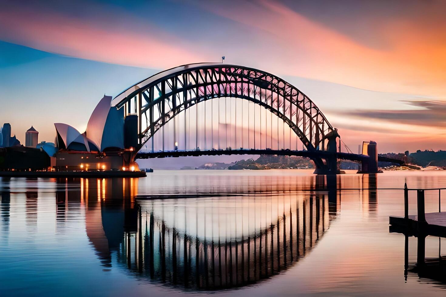 el Sydney puerto puente a puesta de sol. generado por ai foto