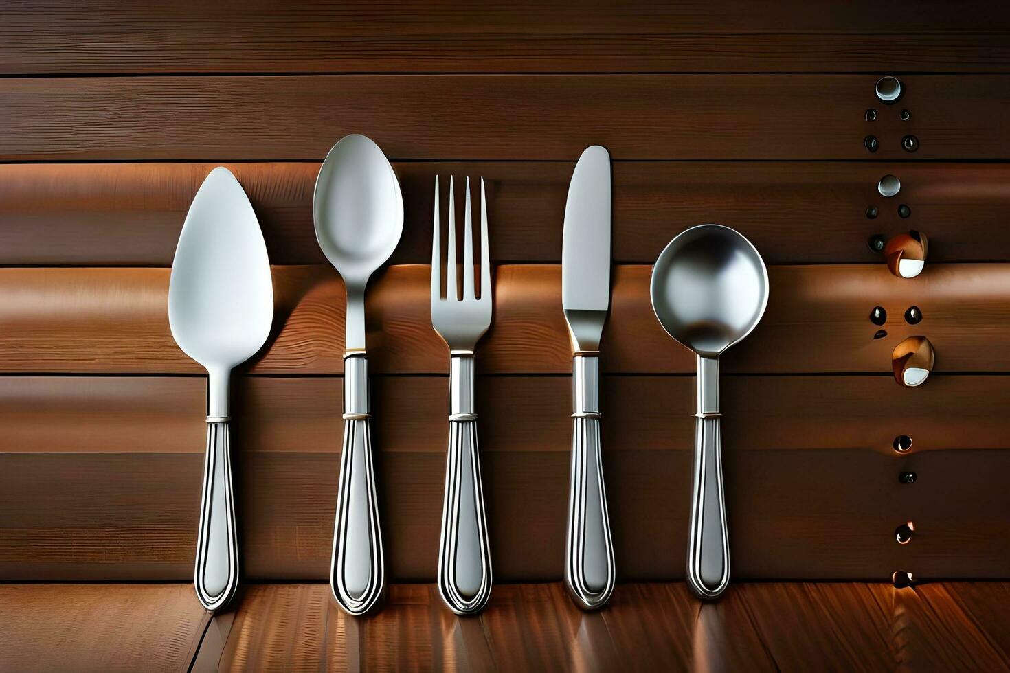 four silverware on a wooden table. AI-Generated photo