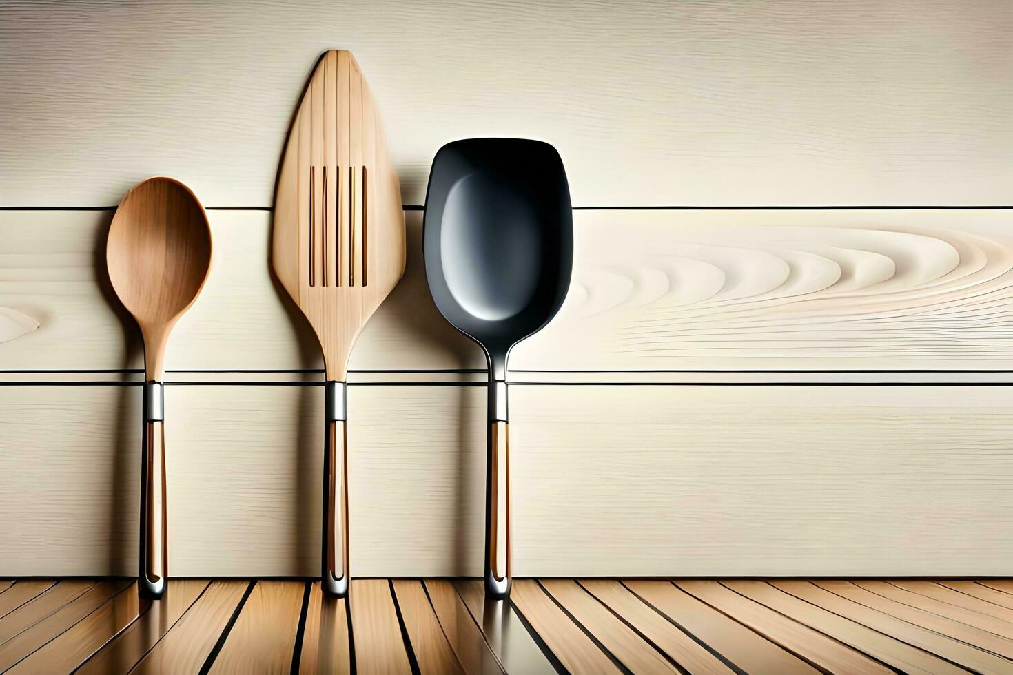 three wooden spoons and a wooden spatula on a wooden table. AI-Generated photo