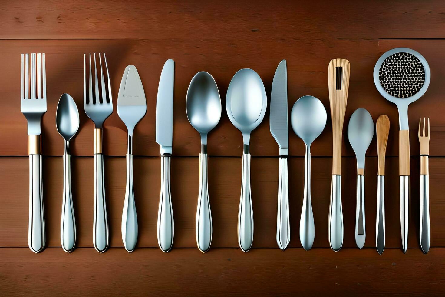 a collection of silverware on a wooden table. AI-Generated photo