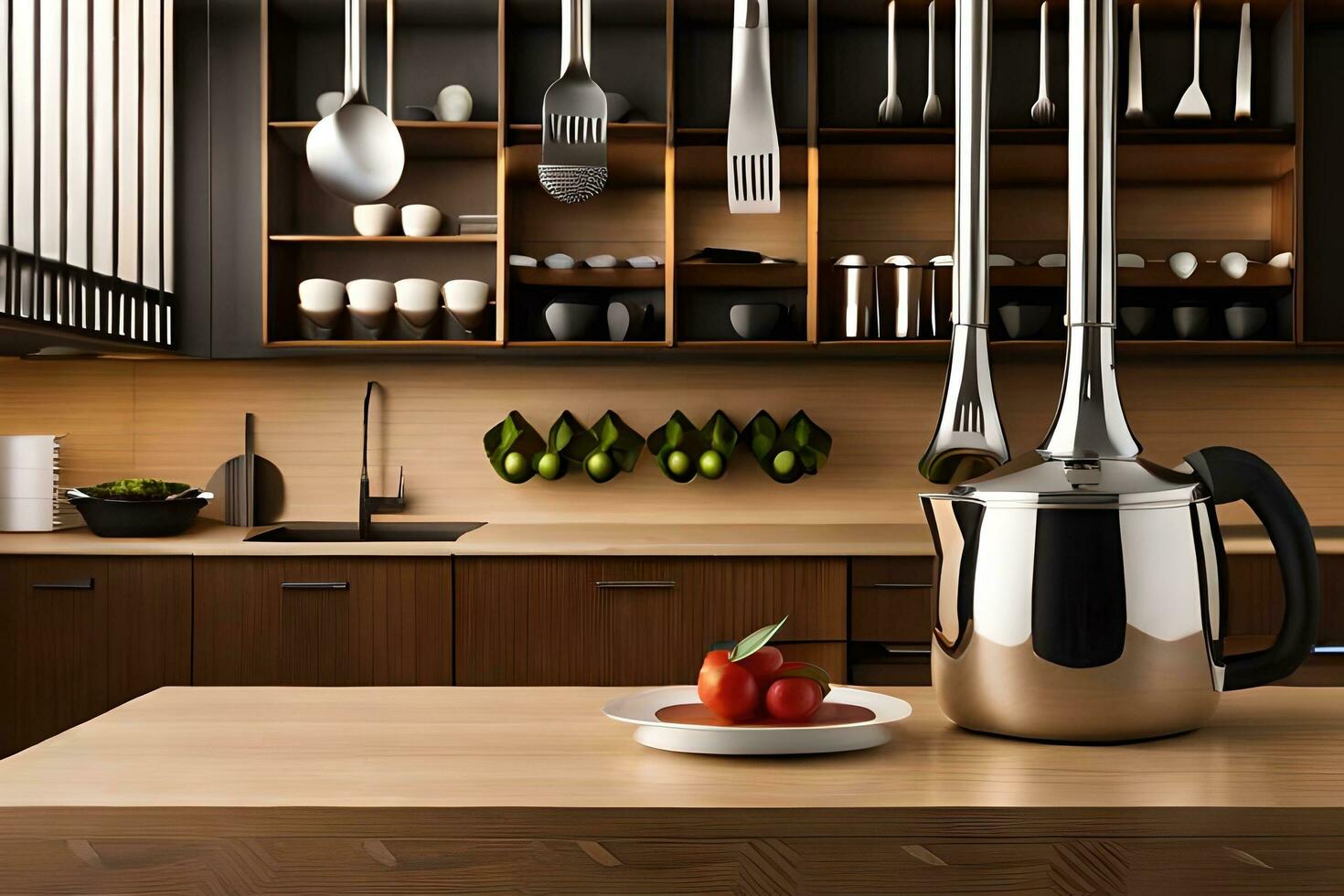 a kitchen with a stove, pots and pans, and a bowl of fruit. AI-Generated photo