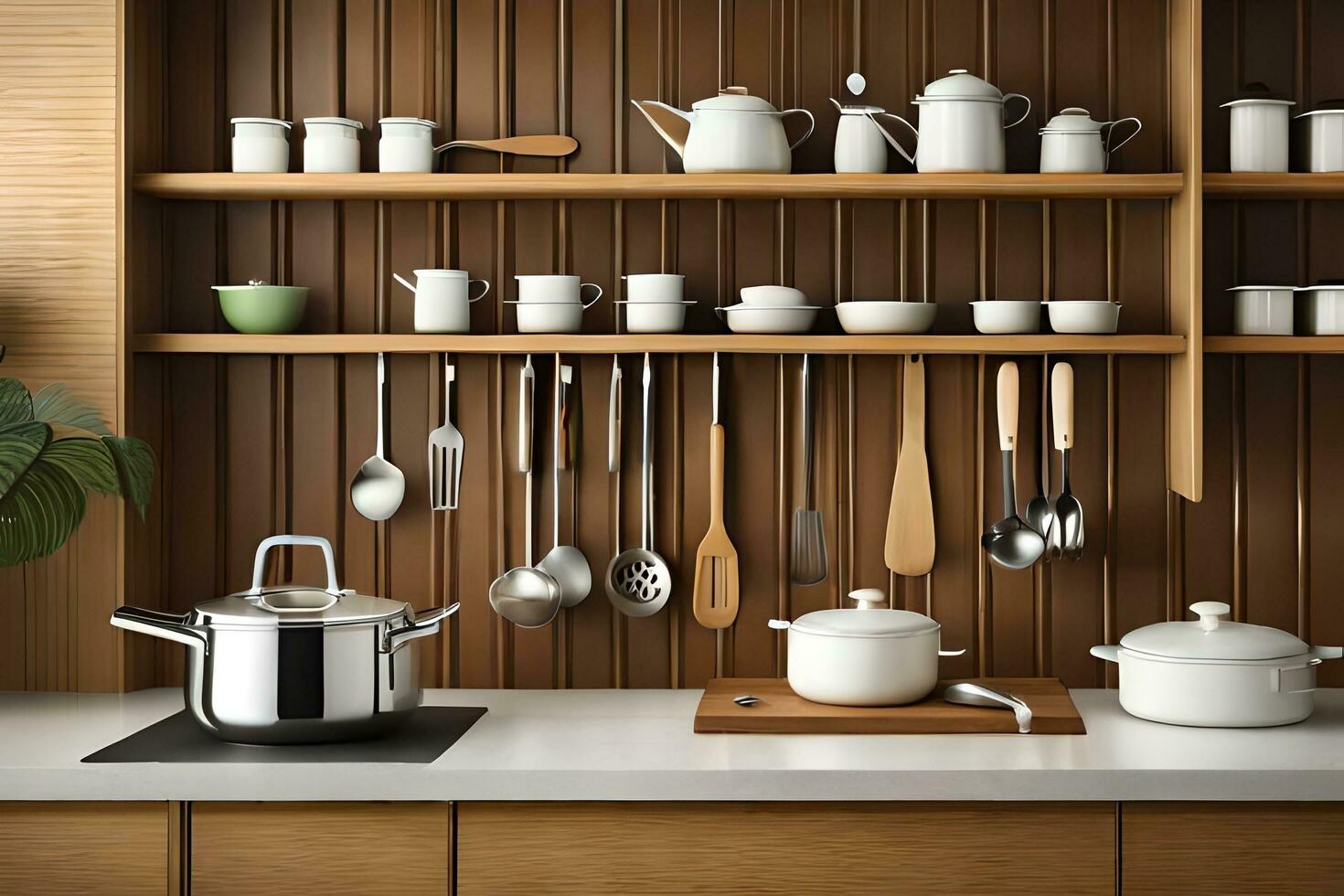 a kitchen with wooden shelves and pots and pans. AI-Generated photo