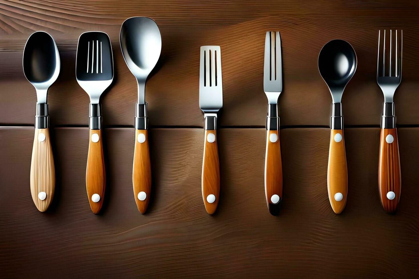 five different types of utensils on a wooden table. AIGenerated