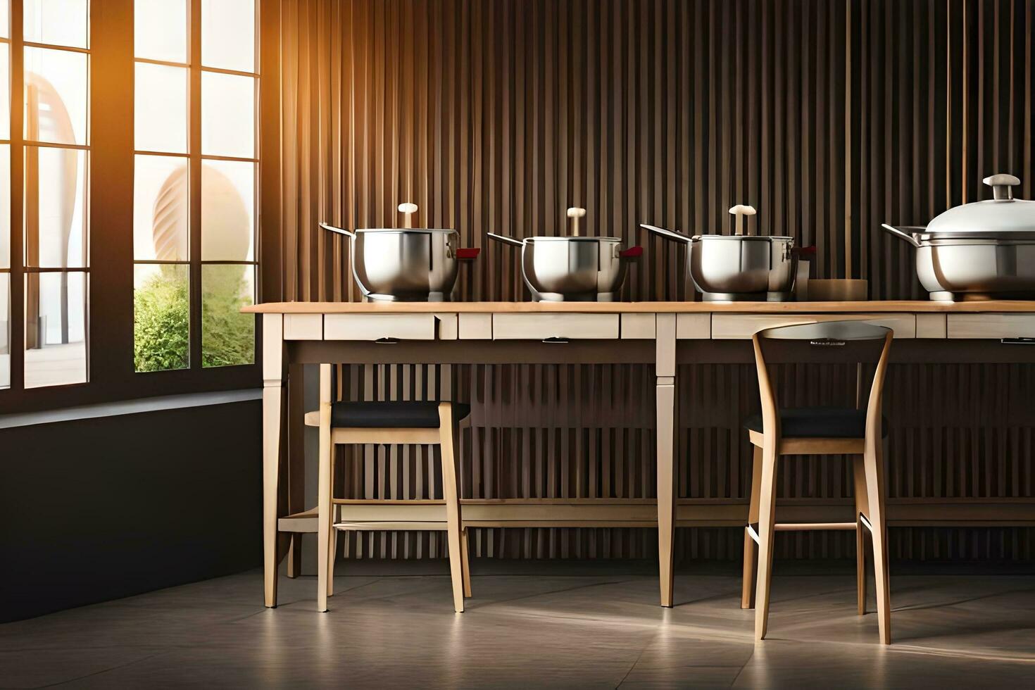 a kitchen with pots and pans on a table. AI-Generated photo