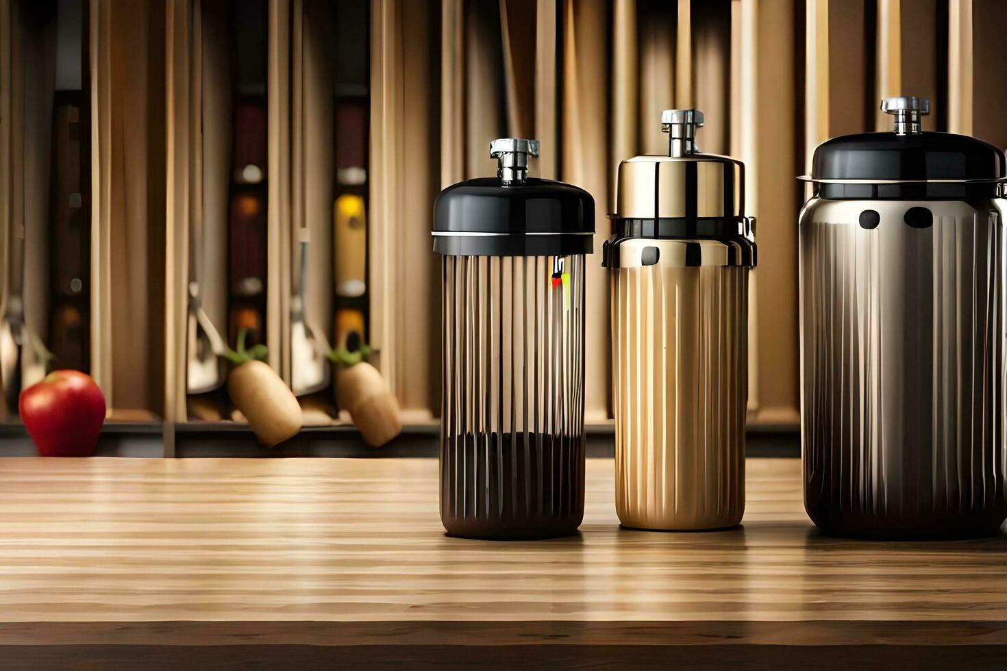 three different types of kitchen appliances on a wooden counter. AI