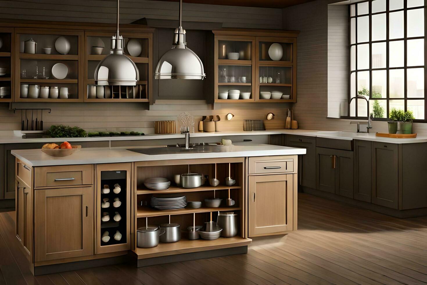 a kitchen with wooden floors and cabinets. AI-Generated photo