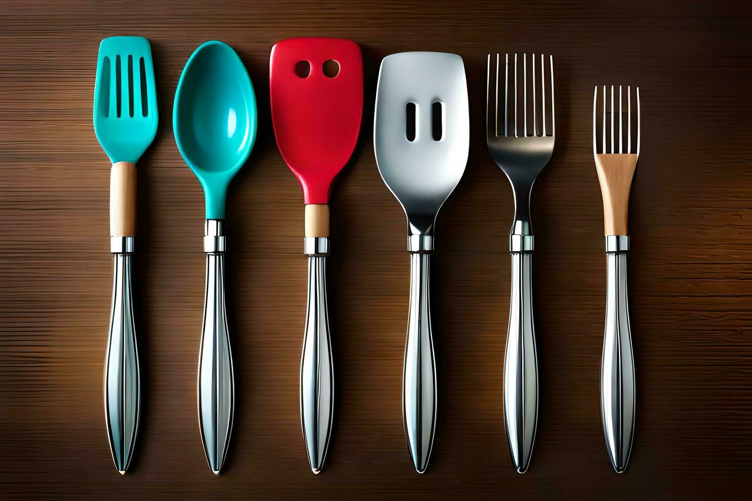 kitchen utensils on wooden background. AI-Generated photo
