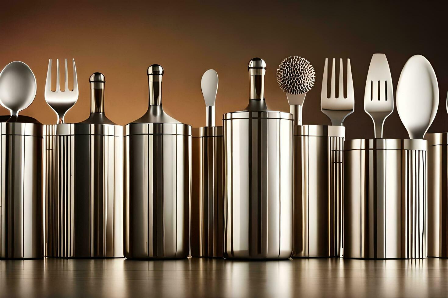 a group of silver utensils in a row. AI-Generated photo