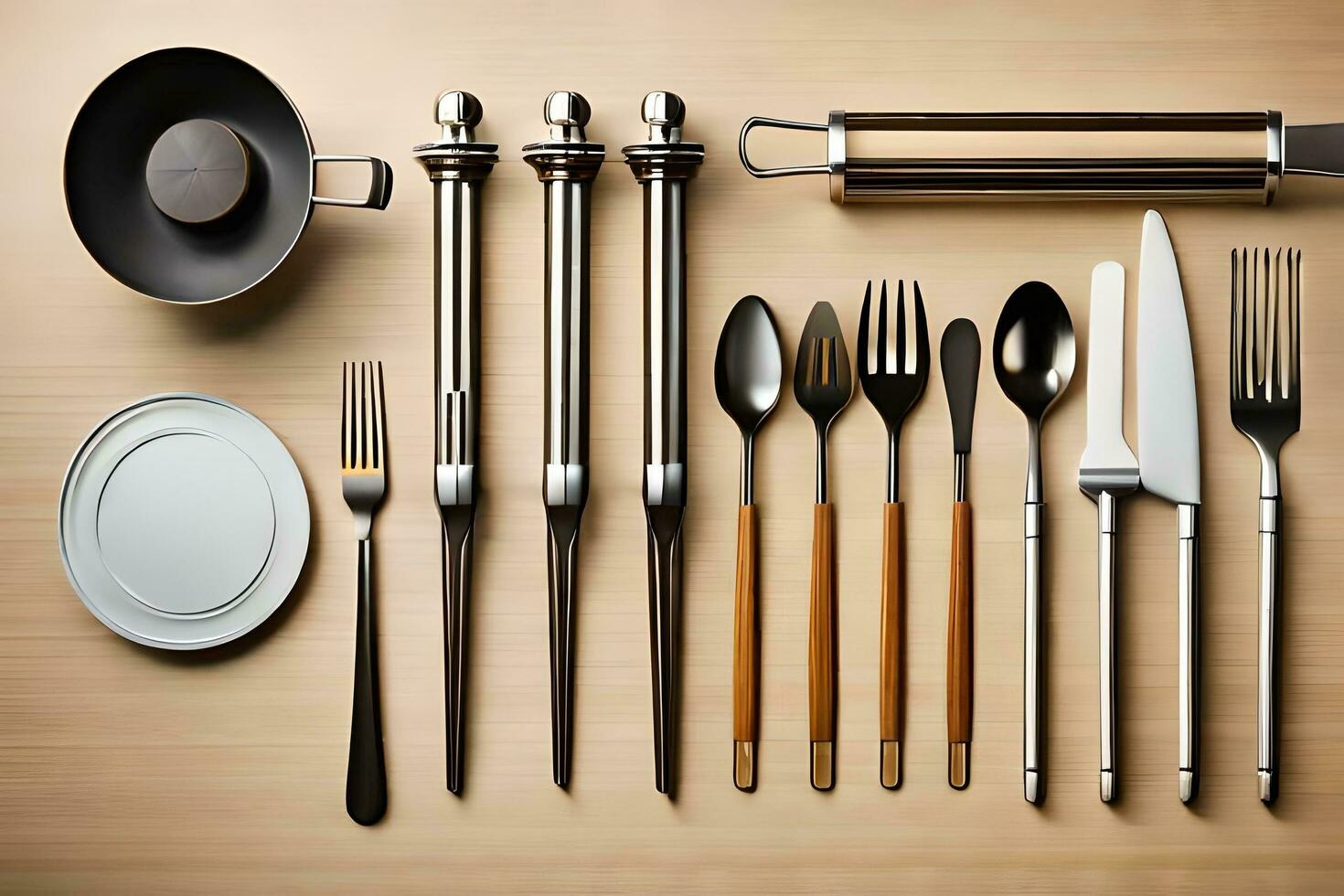 a table with a variety of utensils and spoons. AI-Generated photo