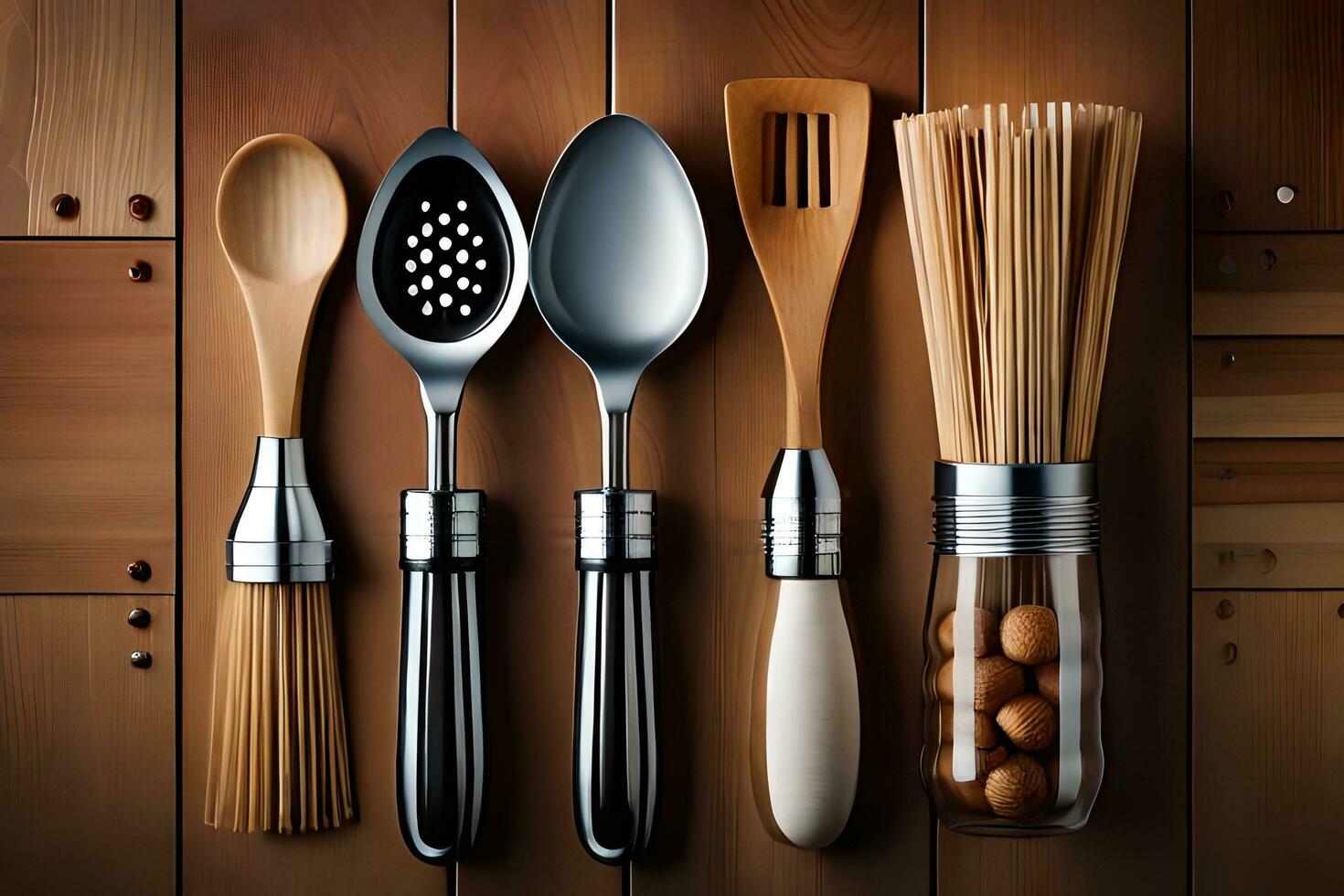 various utensils are arranged on a wooden table. AI-Generated photo