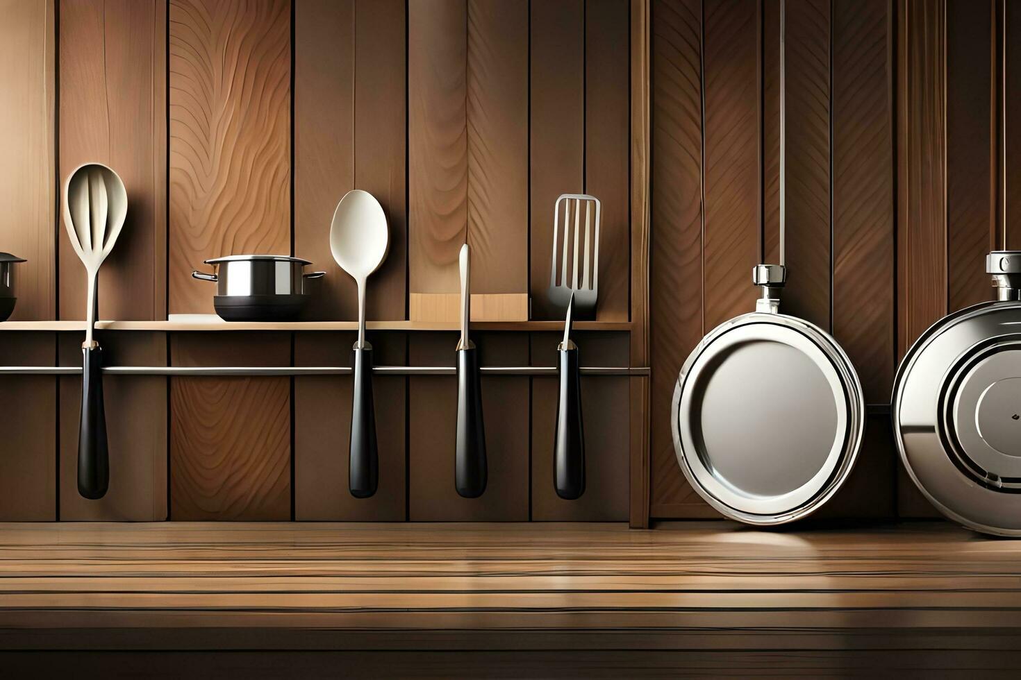 kitchen utensils on wooden shelves. AI-Generated photo